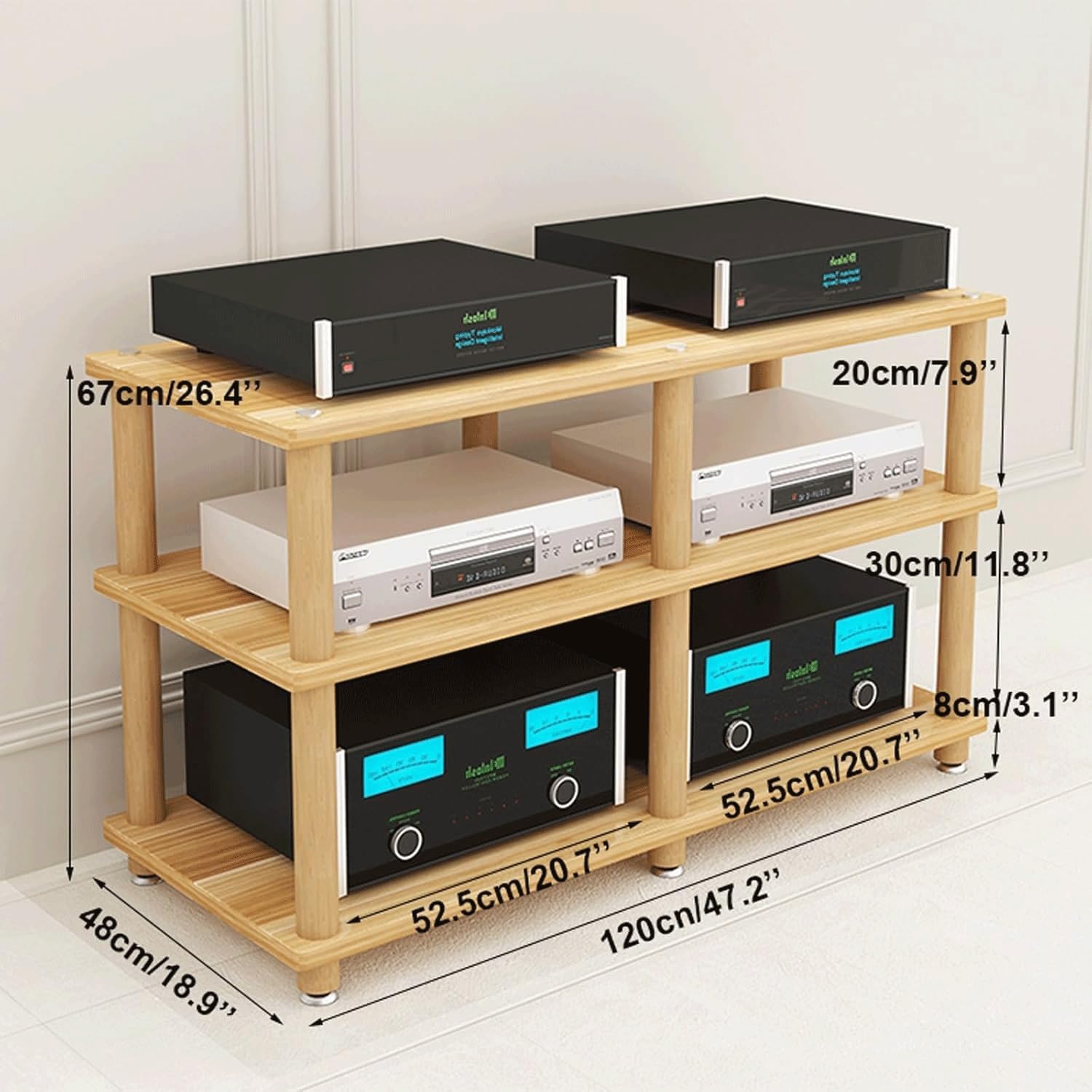 Audio Rack Stereo Rack 2/3/4 Tier Audio Equipment Rack Wooden Audio Rack Cabinet HiFi Rack Double Wide Audio Component Rack Durable(Natural,3 Tier)