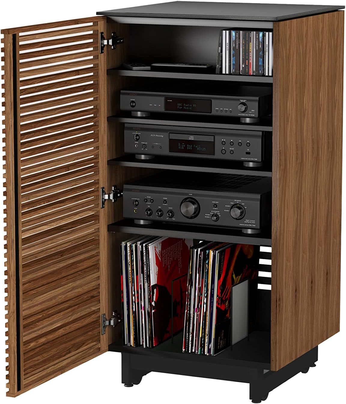 BDI Furniture Corridor 8172-22'' Audio Cabinet with Flow-Through Ventilation, Cable Management, Adjustable Shelves, Louvered Doors, Satin-Etched Tempered Glass Top, Natural Walnut