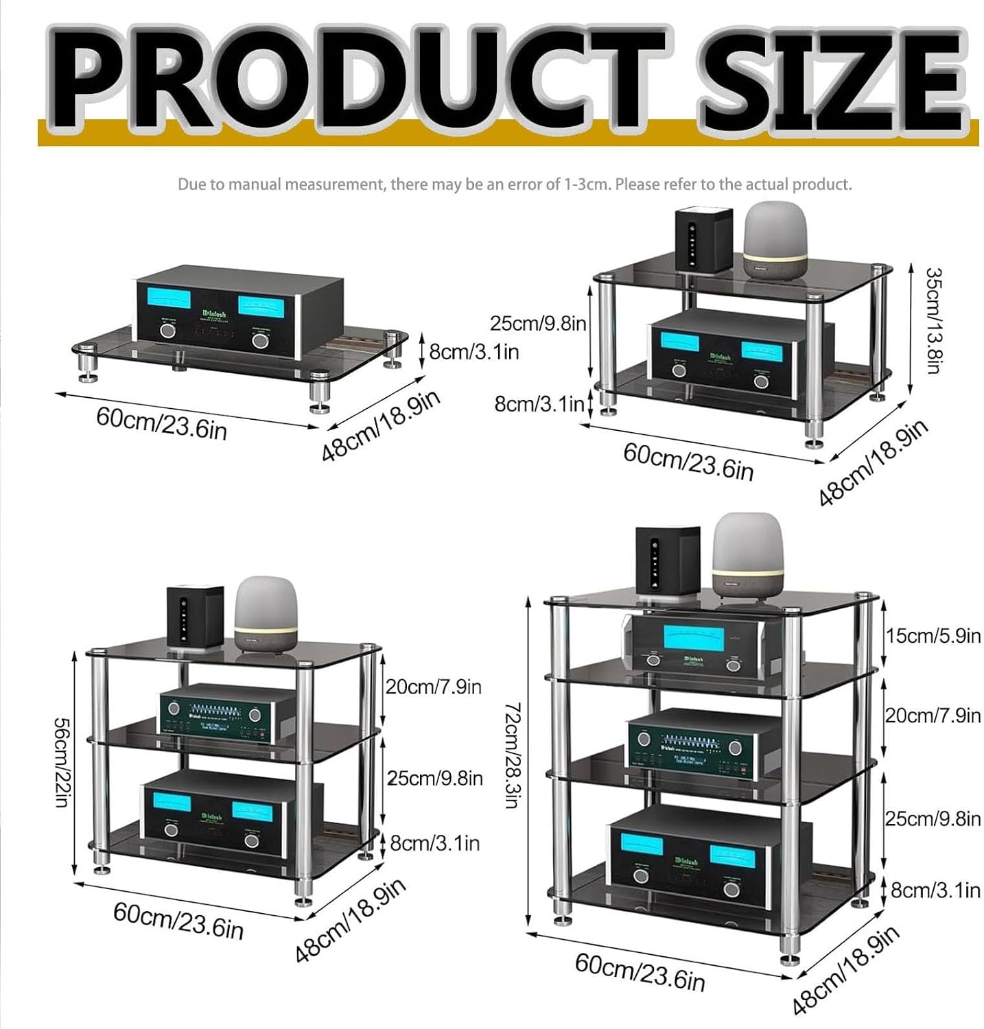 1/2/3/4-Tier Audio Rack Tower with Tempered Glass Shelves Stereo Rack AV Media Stand AV Equipment Cabinet Stereo Receiver Display Stand CD Record Player(Amber Glass,1 Tier)