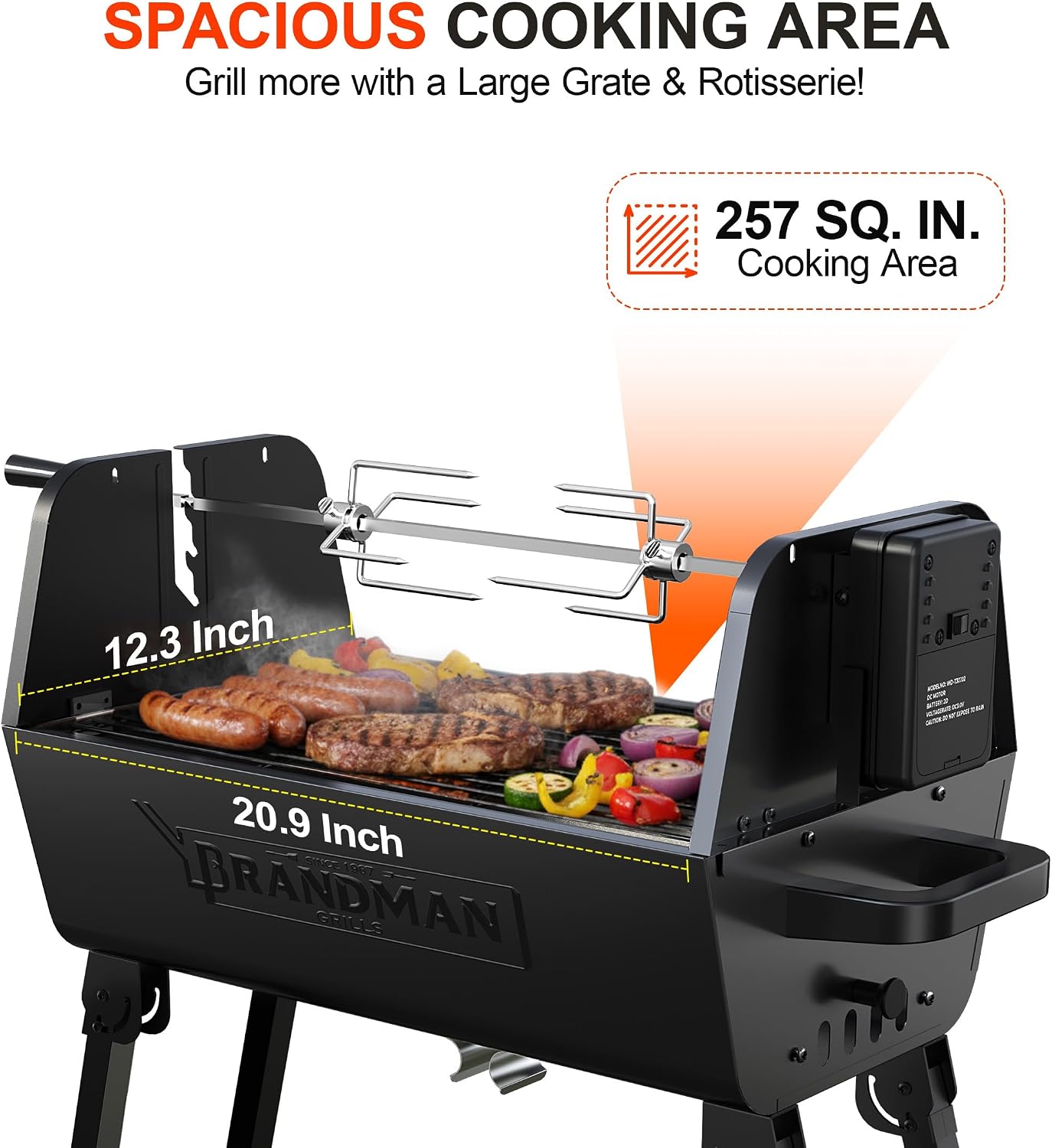 BRANDMAN GRILLS SINCE 1987 Rotisserie Grill Charcoal BBQ Grill 2-in-1 Portable Foldable Outdoor Grill 257 sq.in. Charcoal Spit Rotisserie Grill for Whole Chicken Steaks Burger Camping Picnic Gathering