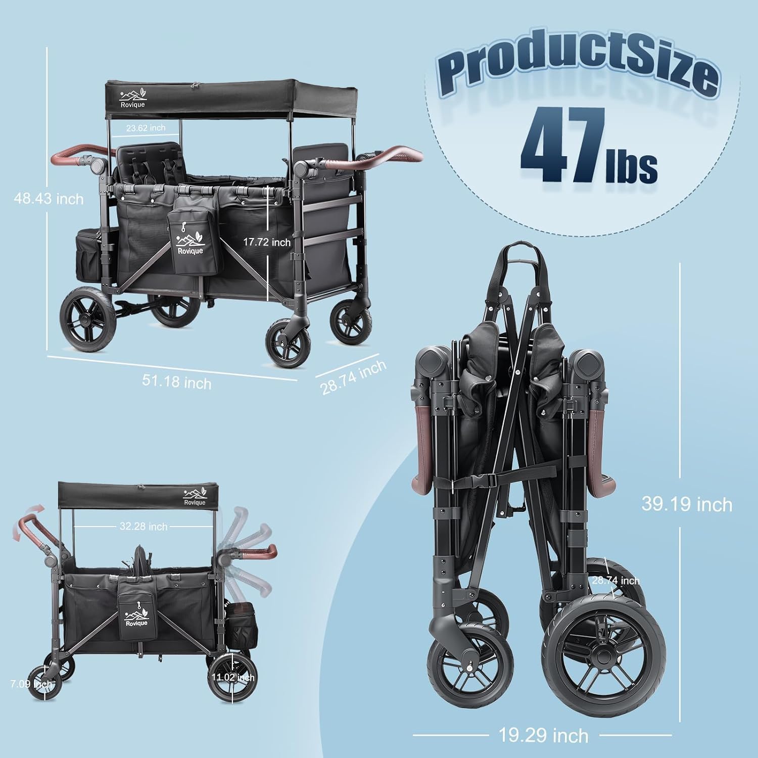 Rovique 4 Seater Wagon Stroller – Deluxe Quad Wagon for 4 Kids with Snack Trays,All-Terrain Wheels,Push Handle, Canopy,Aluminum Frame – Gift for Baby Showers,New Parents,Birthdays