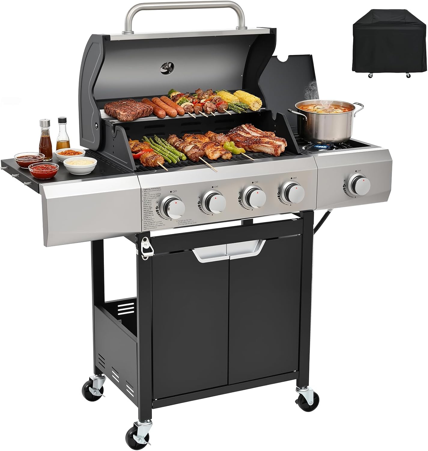EUHOME 4-Burner Gas Grill with Side Burner & Cover, 51000 BTU Stainless Steel Outdoor BBQ Grill, 452 sq.in Cooking Area, Ideal for Backyard, Patio Large Gatherings