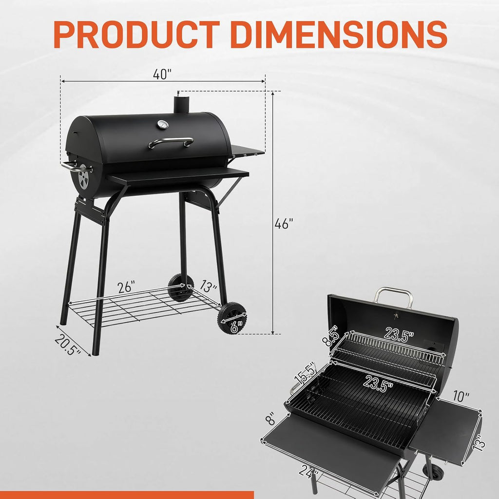 VINGLI Upgraded Barrel Charcoal Grill with Side Front Tables, Adjustable Charcoal Tray BBQ Grill Outdoor Smoker Grill with Wheels for Party Garden Patio and Backyard Cooking 39''D × 24''W × 46''H