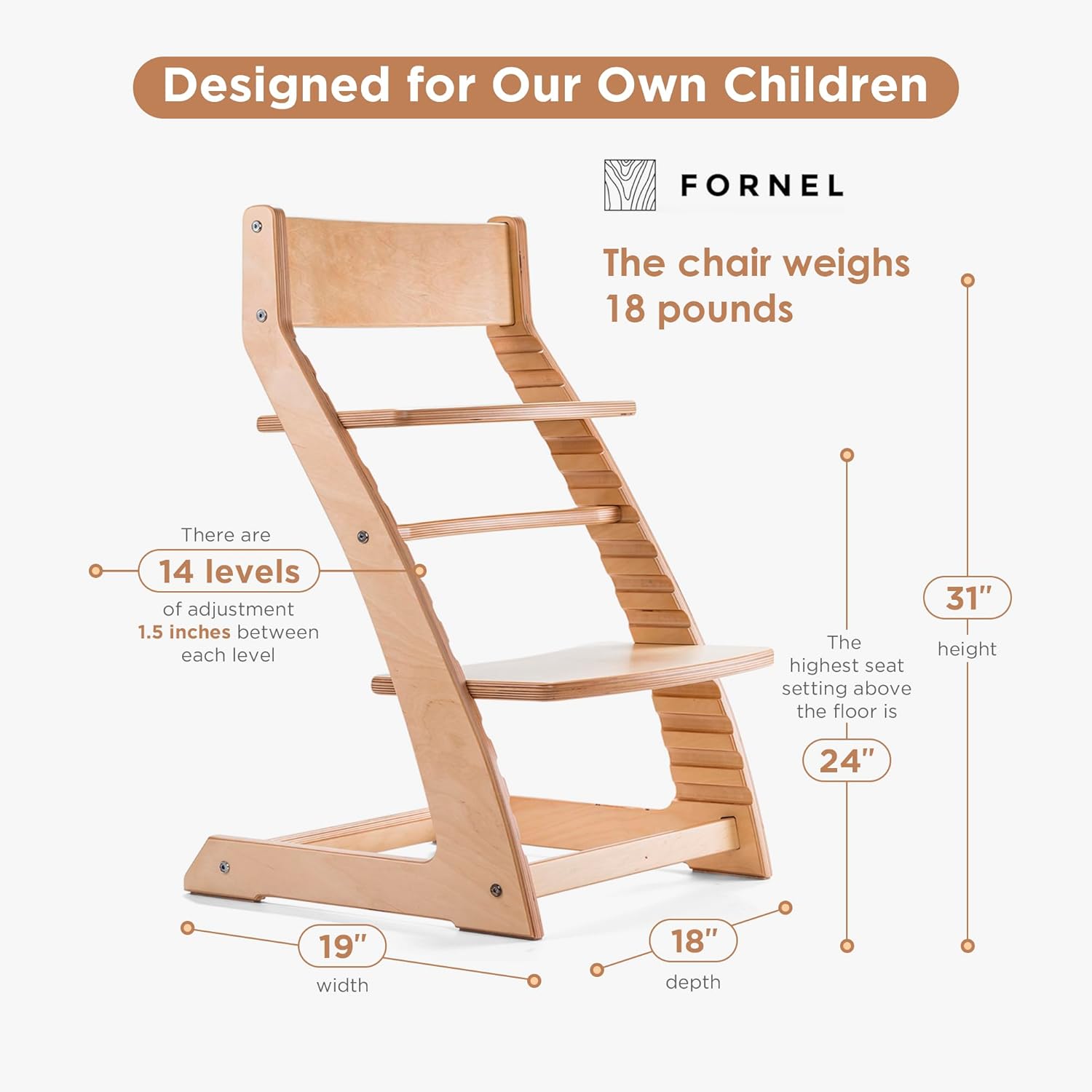 FORNEL Scandinavian Wooden High Chair for Toddlers & Kids | Adjustable Grow-with-Me Montessori Seat for Dining Table | Natural Wood Finish Convertible Highchair