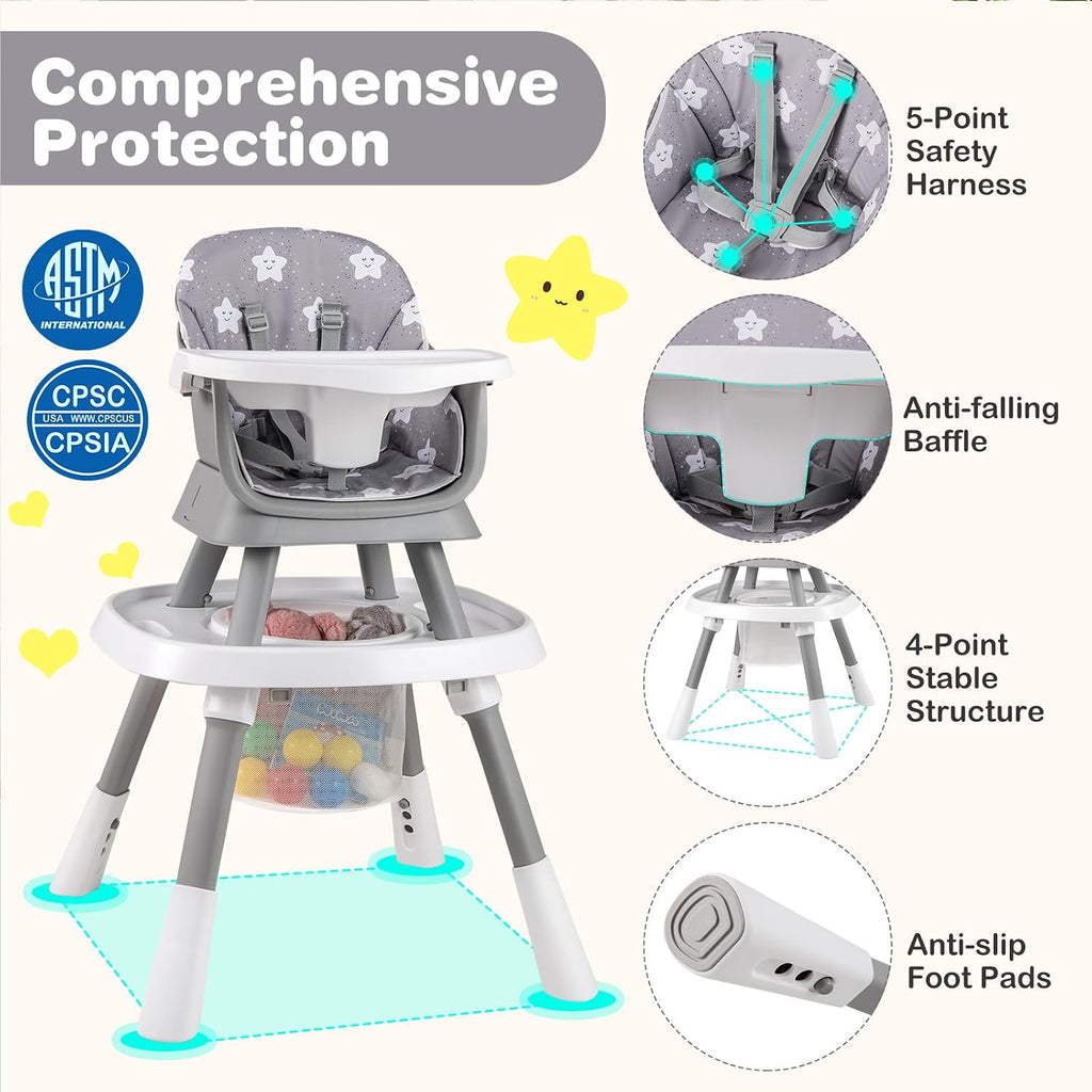 KOTEK 16 in 1 Convertible High Chair, Baby Highchair & Activity Center, Booster Seat, Building Block Table, Toddler Chair with 5-Point Harness, Removable Tray & Cushion (Gray)