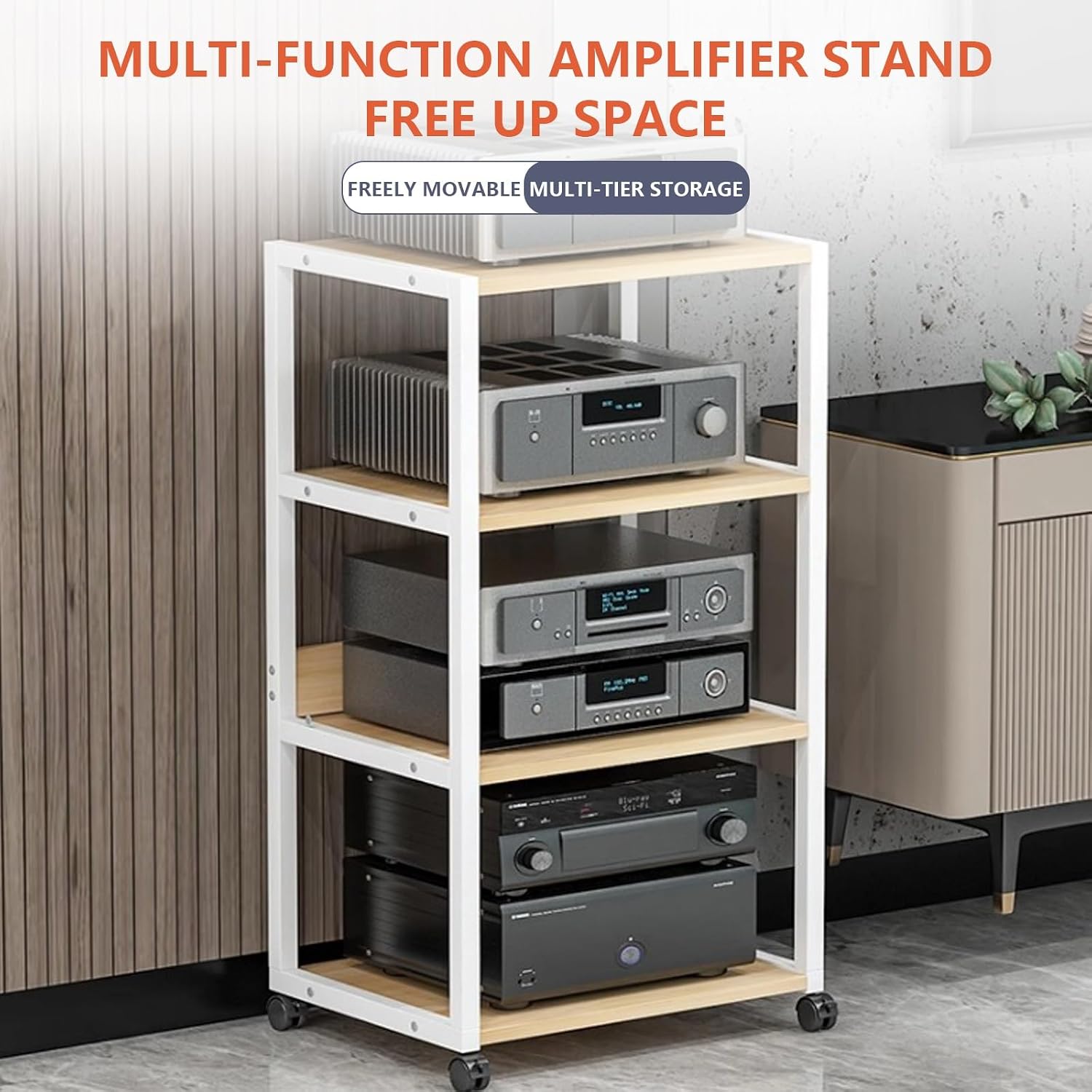 Mobile AV Media Stand on Wheels, 3-Tier Open Storage Rack for HiFi Stereo & Small Video/Audio Equipment, Metal Space-Saving Design, Easy Assembly (Black)