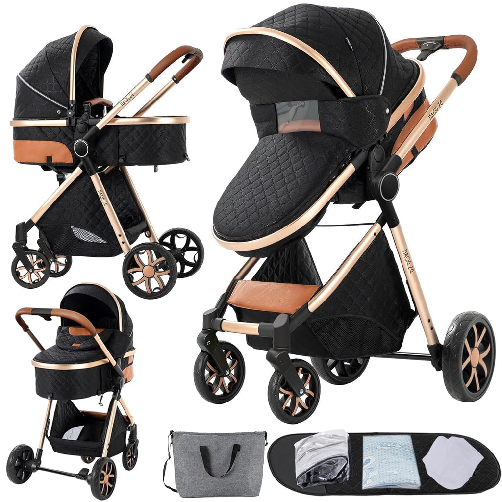 Convertible Baby Stroller:Full-Size Reversible Bassinet & Toddler Seat,Foldable Design with UPF 50+ Canopy,Bug Shield,Rain Shield,All-Weather Storage – Newborn to 36 Months(Black&Gold)