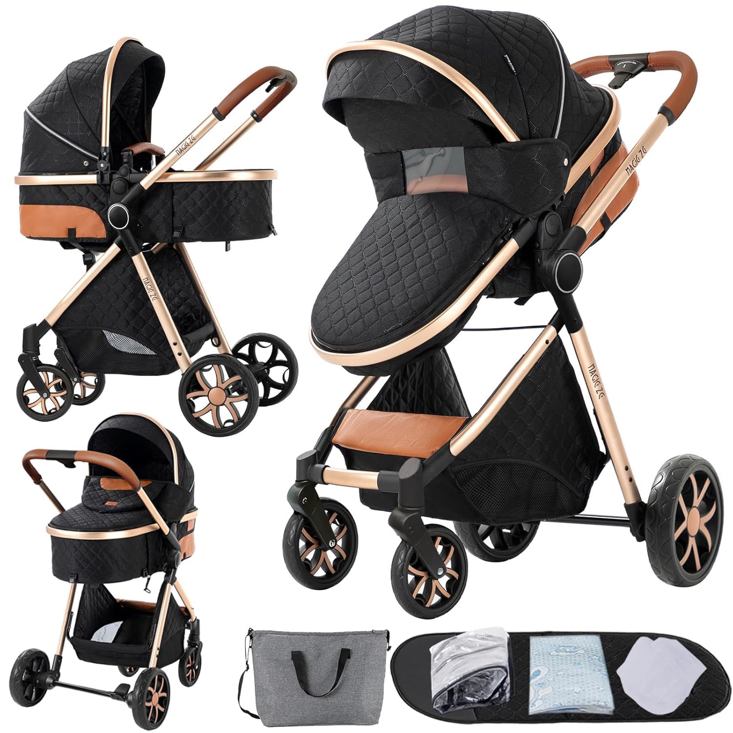 Convertible Baby Stroller:Full-Size Reversible Bassinet & Toddler Seat,Foldable Design with UPF 50+ Canopy,Bug Shield,Rain Shield,All-Weather Storage – Newborn to 36 Months(Black&Gold)