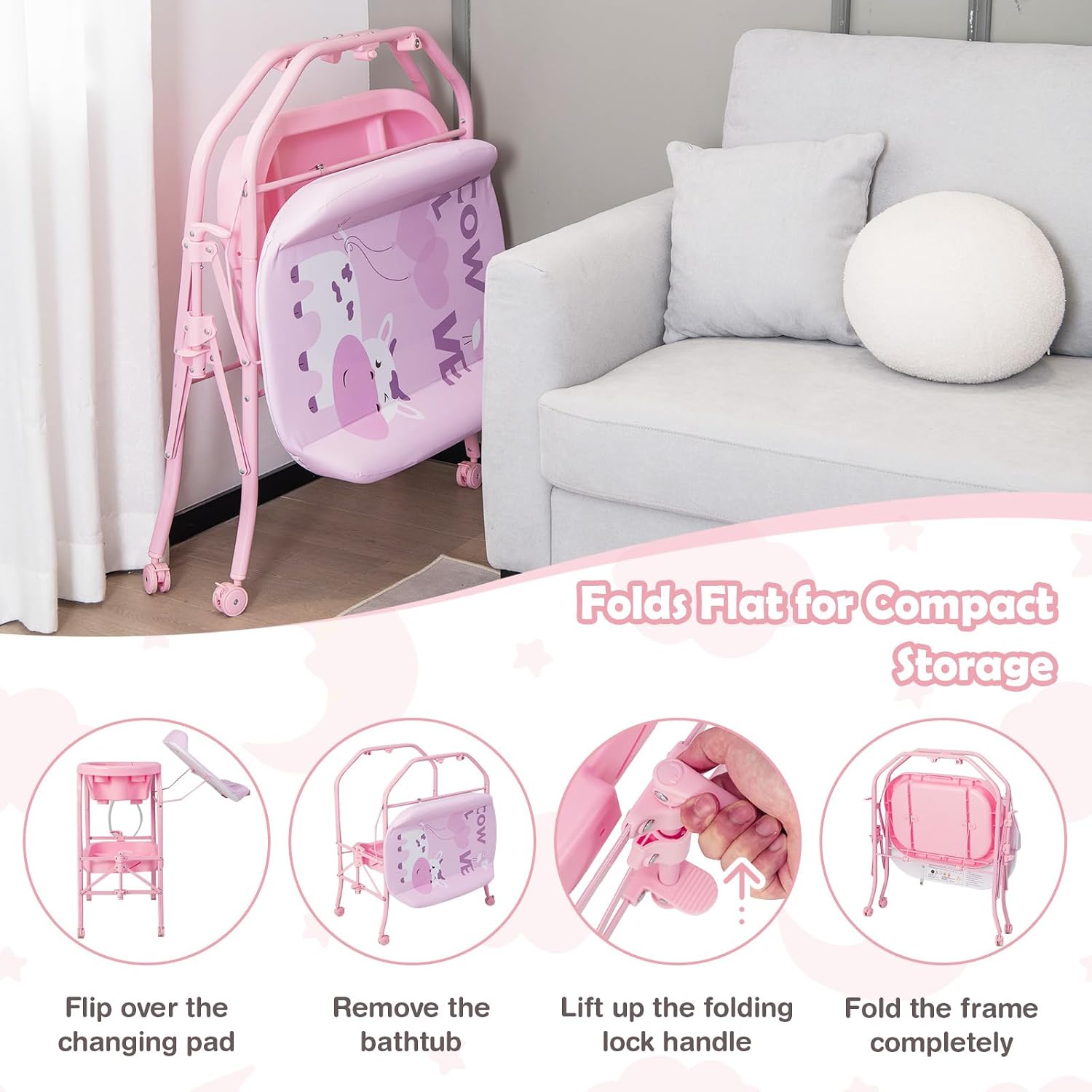 HONEY JOY 2-in-1 Baby Bathtub & Changing Table, Foldable Infant Diaper Changing Station with Wheels, Storage Tray, Waterproof Pad, Portable Newborn Nursery Organizer Bath Stand for Boys Girls (Pink)