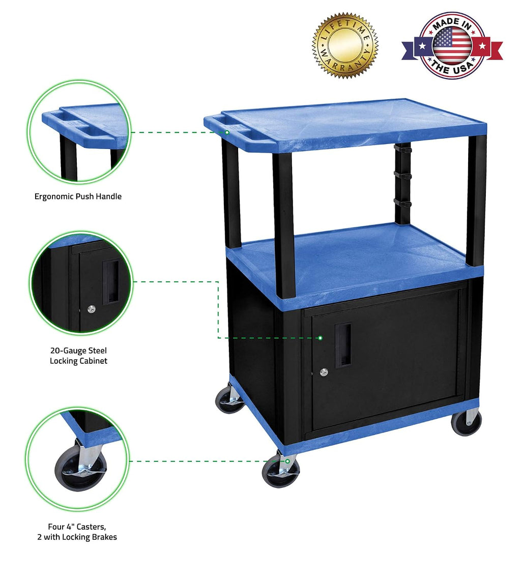 Luxor 42'H Rolling Electric Audio Video Presentation Cart with 3 Shelves and Cabinet - Black Legs