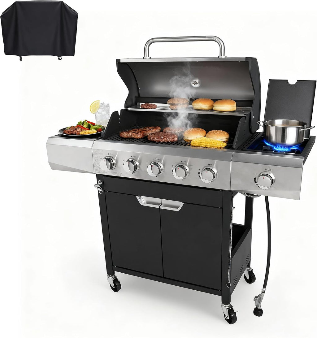 Endark 5-Burner 58,500 BTU Stainless Steel Outdoor Propane Gas Grill with Side Burner & Porcelain Grates | Wheeled BBQ Grill for Patio, Garden, Backyard