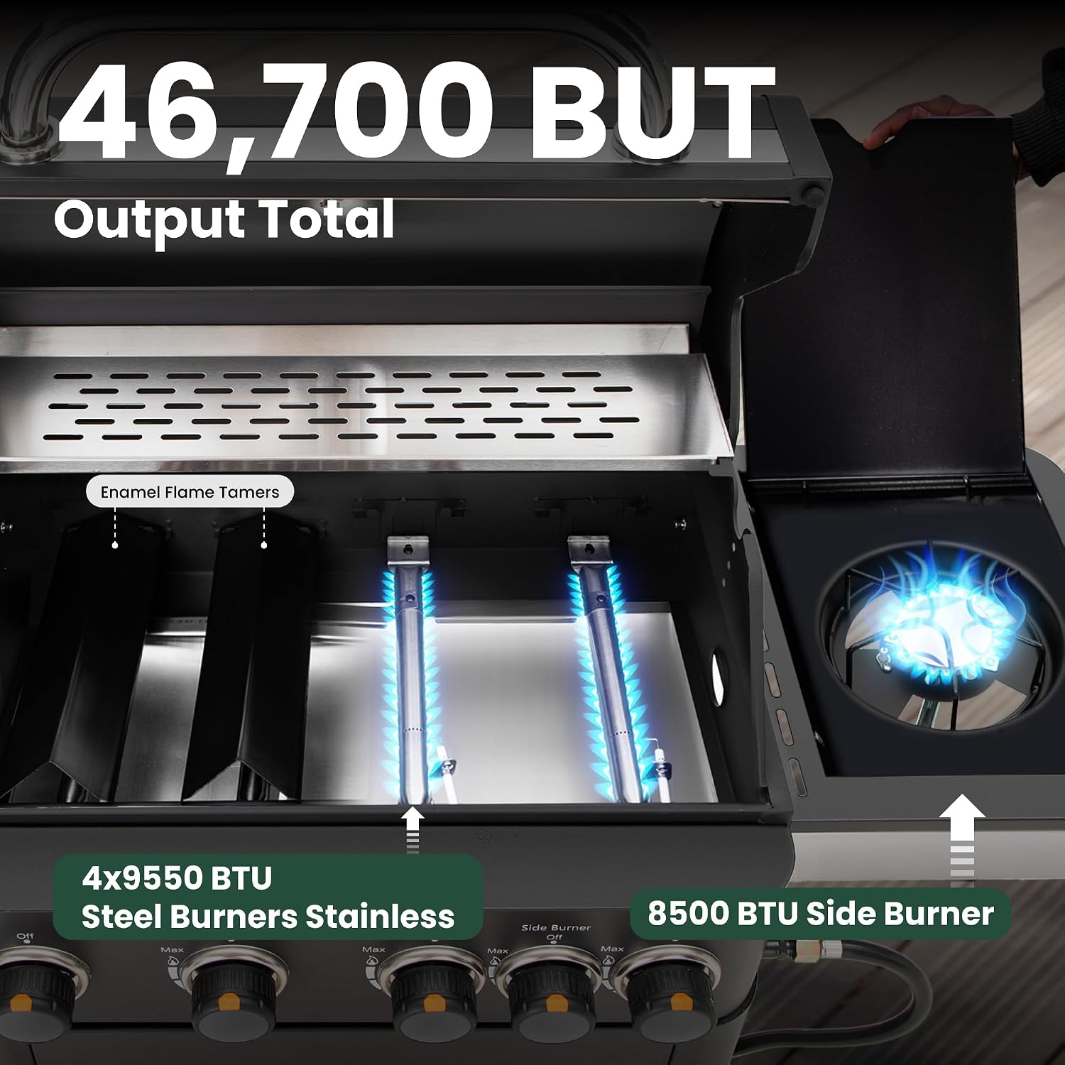 2 in 1 Propane Gas BBQ Grill with Side Burner & Porcelain-Enameled Cast Iron Grate, 4-Burner Flat Top Grill, 46,700 BTU Outdoor Barbecue Propane Griddle Grill Combo for Camping, Patio, Backyard