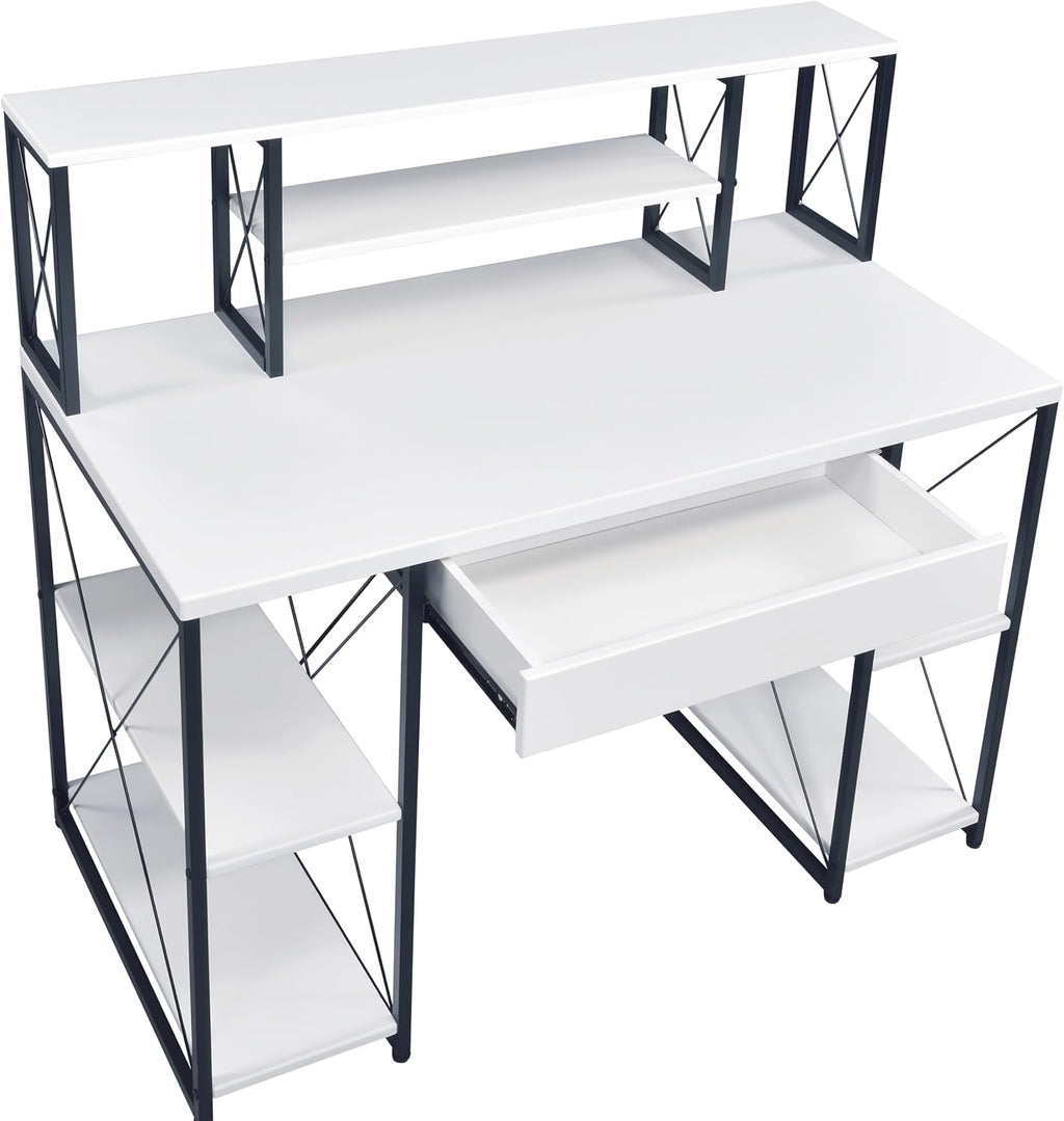 AMNOOL Office Desk with Open Shelves - Stylish Wood Recording Studio Workstation with Drawer and Compartments for Audio Equipment, Cables, and Accessories (White+Black)