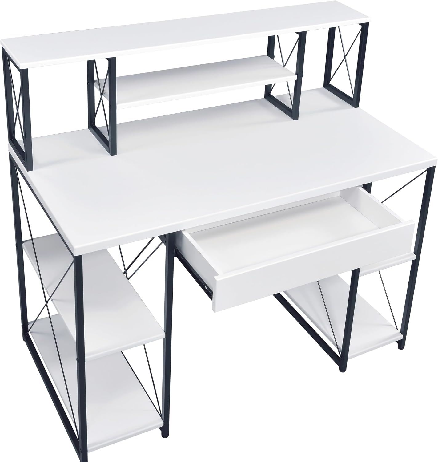 AMNOOL Office Desk with Open Shelves - Stylish Wood Recording Studio Workstation with Drawer and Compartments for Audio Equipment, Cables, and Accessories (White+Black)