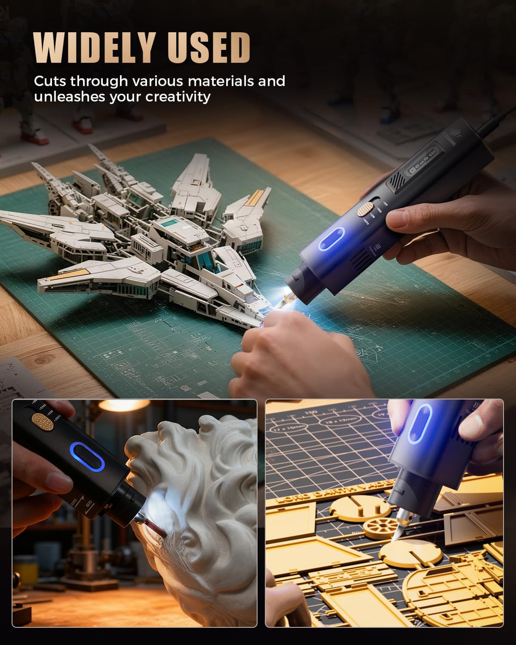 VMAN Ultrasonic Cutter Knife, 40KHz 2-in-1 Cutting and Grinding Set, AI Cooling System, Handheld Craft 3D Printing Hobby Art Model Cutting Tool for DIY, Leatherworker, Jeweler and Plaster Sculptor