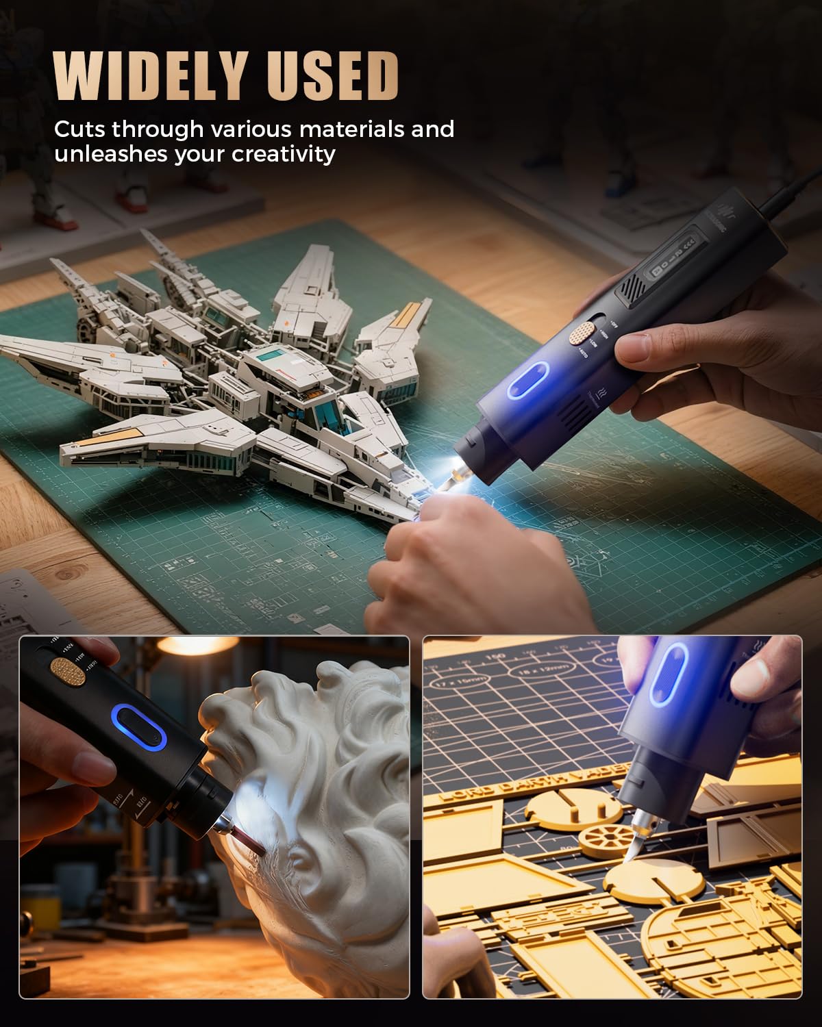 VMAN Ultrasonic Cutter Knife, 40KHz 2-in-1 Cutting and Grinding Set, AI Cooling System, Handheld Craft 3D Printing Hobby Art Model Cutting Tool for DIY, Leatherworker, Jeweler and Plaster Sculptor