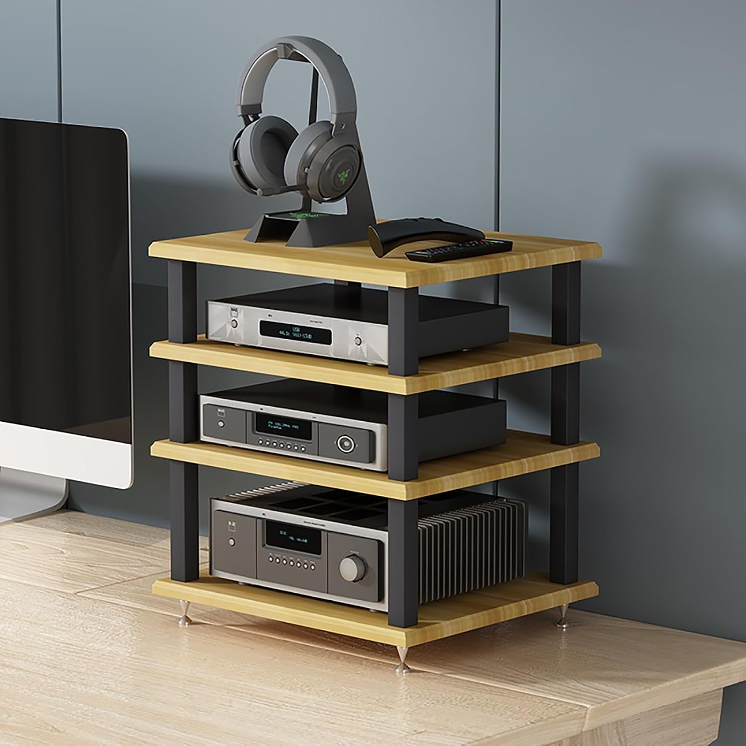 Audio Rack Tower AV Media Stand Audio-Video Media Stand, Storage Rack Audio Tower Thickened Steel Pipe, Equipment Console Shelf for Home Office Theater(Yellow)