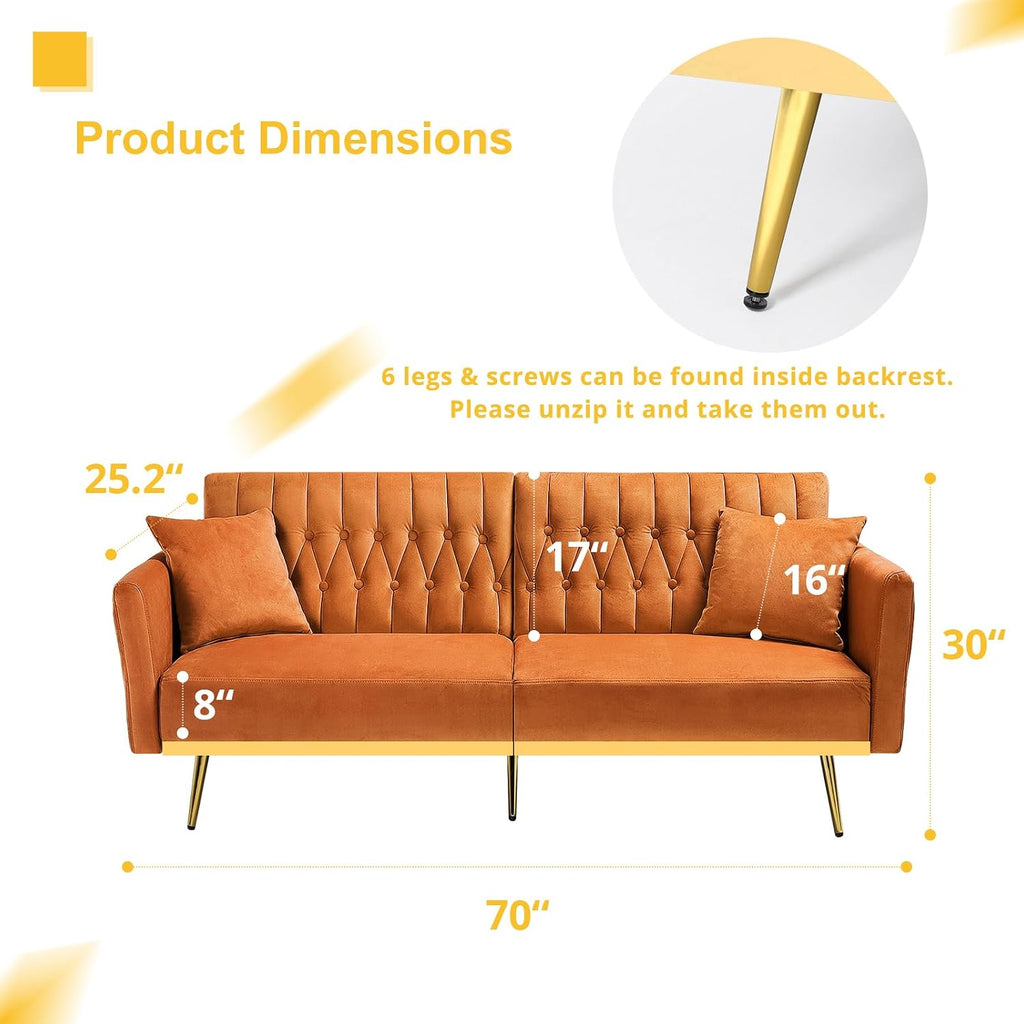70' Velvet Futon Sofa Bed w/Adjustable Armrests & 2 Pillows, Convertible Futon Couch w/Adjustable Backrests, Modern Sleeper Bed for Living Room, Bedroom, Orange