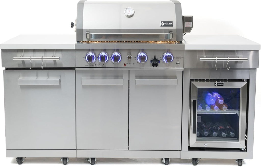 Mont Alpi Premium 70'W x 24'D Stainless Steel Compact Outdoor Kitchen Island with Refrigerator + 32'W 4-Burner BBQ Grill with Infrared Rotisserie Burner + Storage Cabinets + White Granite Countertops