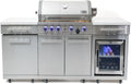 Mont Alpi Premium 70'W x 24'D Stainless Steel Compact Outdoor Kitchen Island with Refrigerator + 32'W 4-Burner BBQ Grill with Infrared Rotisserie Burner + Storage Cabinets + White Granite Countertops
