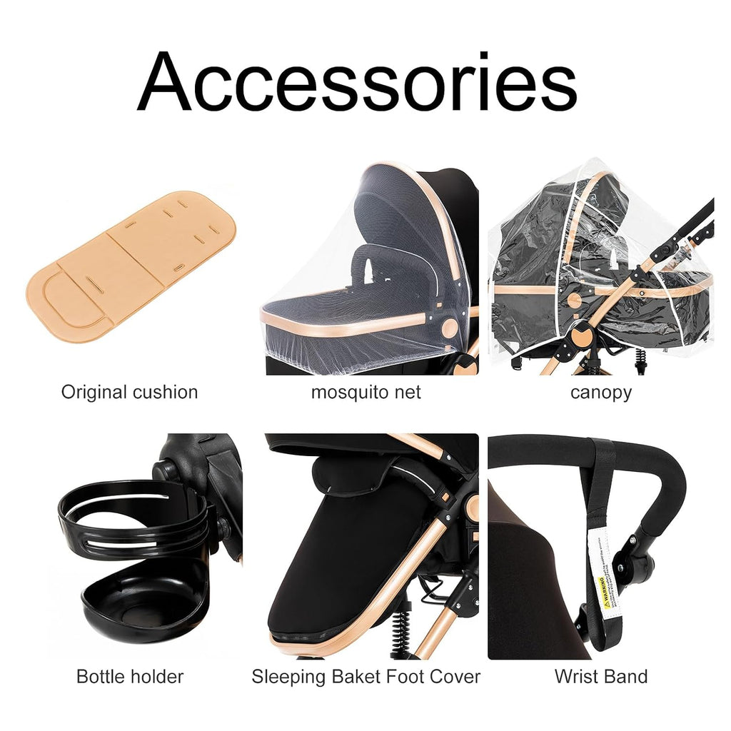 2 in 1 Baby Stroller Convertible Reversible Standard Pram Portable Pushchair Infant Buggy Baby Carriage Foldable High Landscape Pram for Toddler Newborn (2US588-KHAKI)