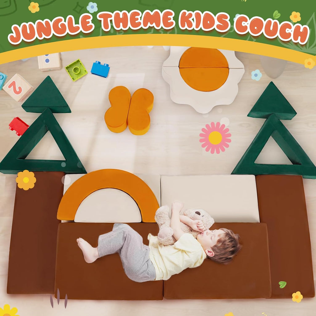 Erament 18PCS Modular Kids Play Couch - Junlge Theme Toddler Couch Building Fort, Convertible Sofa Multifunctional Kids Sofa, Toddler Baby Playroom/Bedroom Furniture for Playing, Sleeping