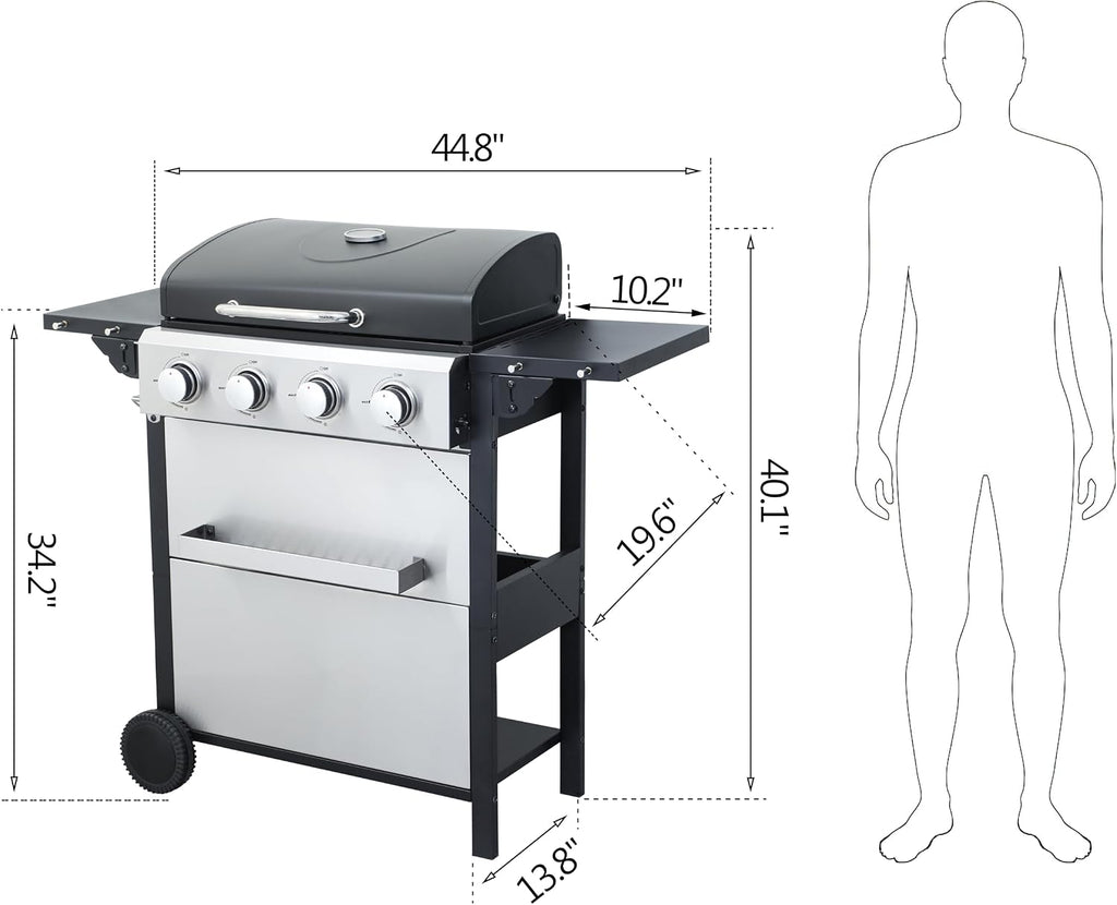 4-Burner Propane Gas BBQ Grill, 34200BTU Output With Wire Enamel Cooking Grids For Outdoor Barbecue, Foldable Side Table, Hanging Basket, Stainless Steel