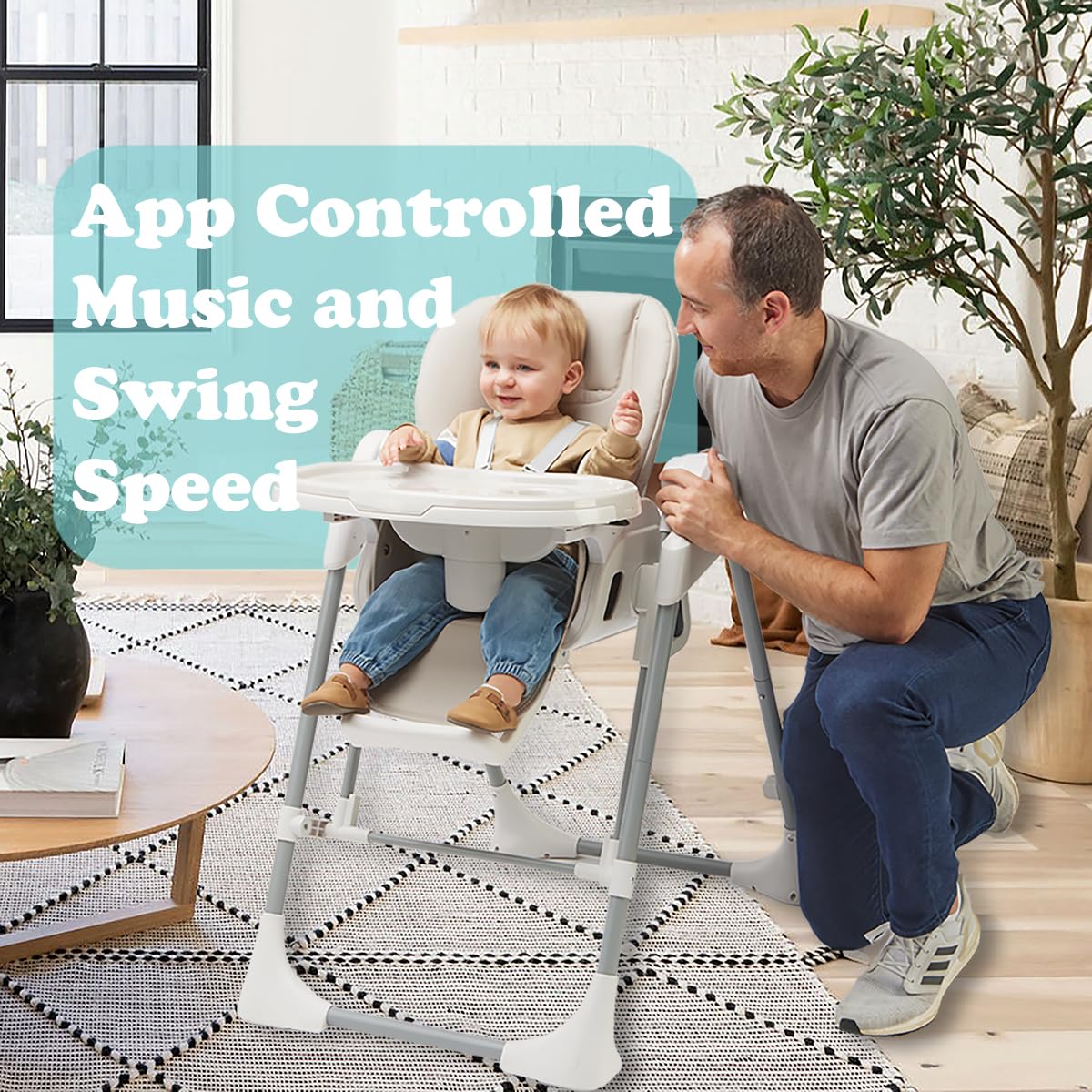 PrimoBaby SnuggleBug 2-in-1 Infant Swing & High Chair, Adjustable Seat Recline, Height, & Feeding Tray, App Control, Music & Nature Sounds, Toy Bar, Ergonomic Cushion, 5 Point Safety Harness