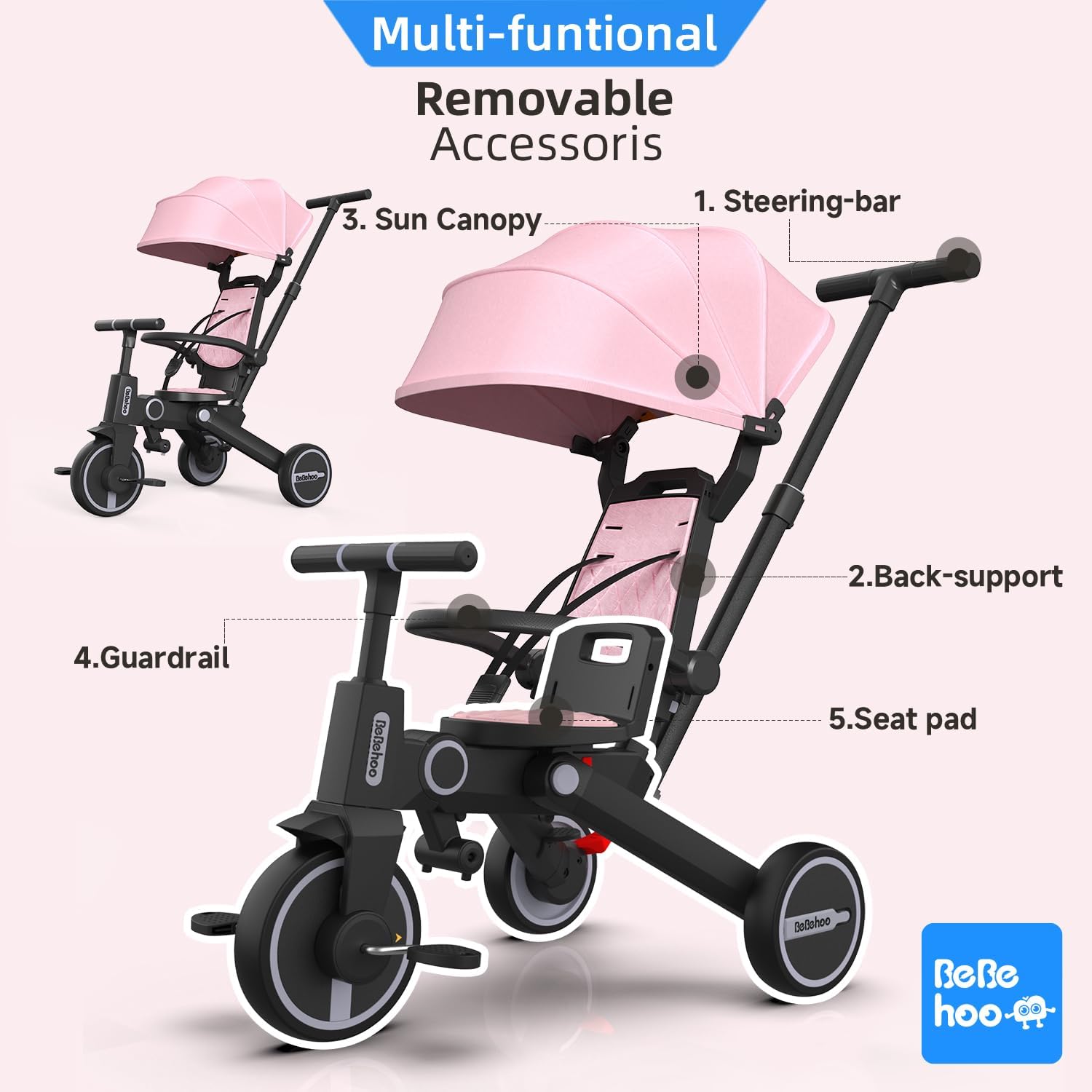 Tricycle Stroller for Toddler,Foldable Baby Tricycle,Kids Balance Bike with Push Handle,Toddlers Stroller Bike with 1 to 5 Years,7-in-1 Push Tricycle Bike for Kids (Pink)