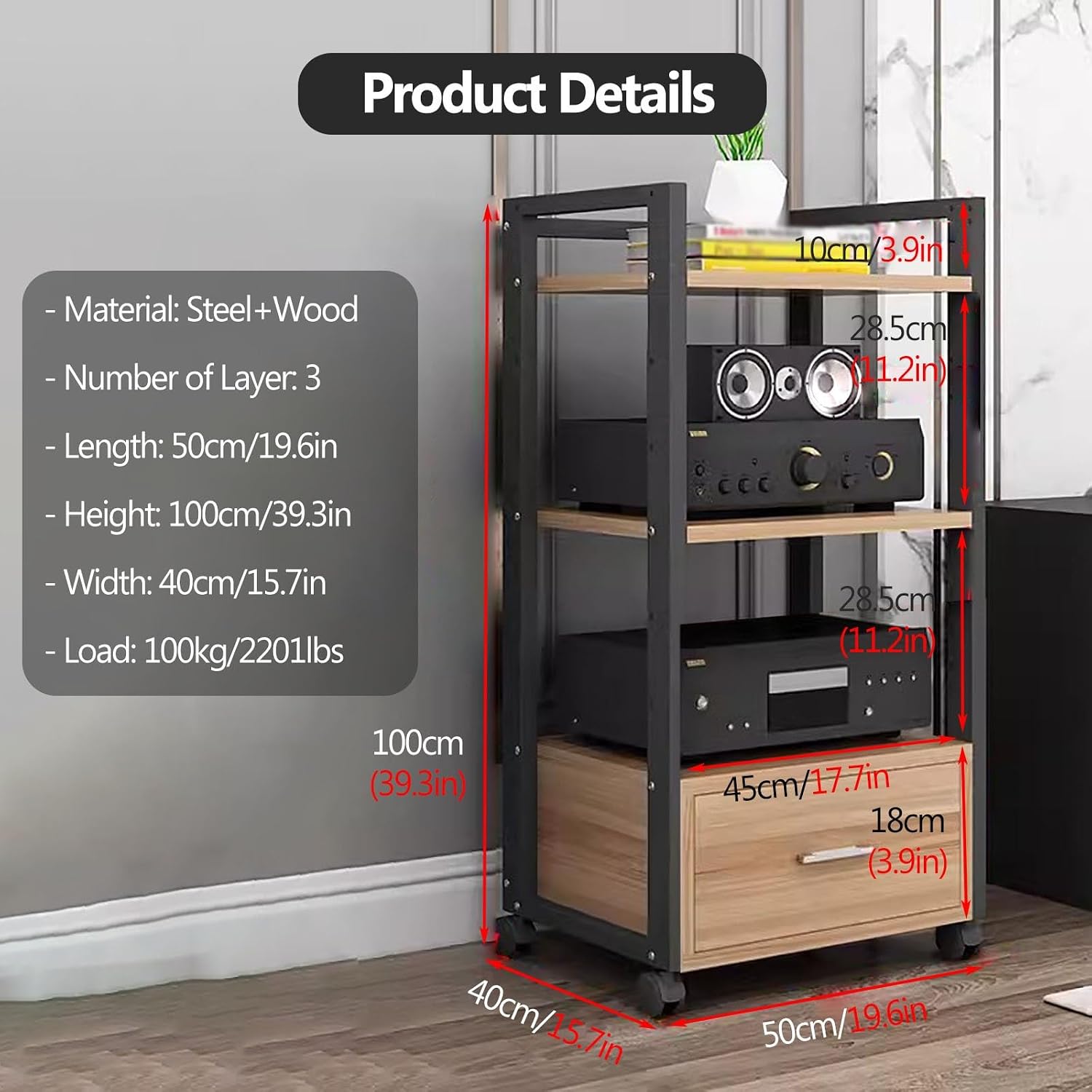 Audio Rack Power Amplifier Equipment Cabinet - Tv Stand with Storage and Shelves - Furniture Media Stand DVD Cd Player Stand - Large Media Storage Shelf On Wheels for Ktv,3 Tiers-100cm Tall