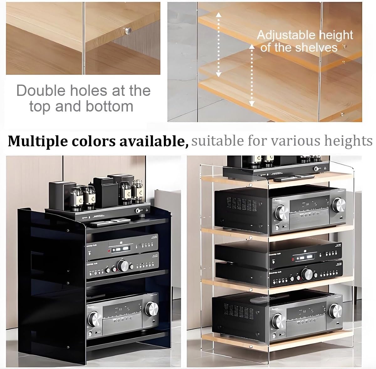 Modern Stereo Cabinet - Adjustable Audio Rack Storage Tower for Media, DVD, TV Box & Game Console - Stylish Black Design with Acrylic Baffle, Perfect for Record Players