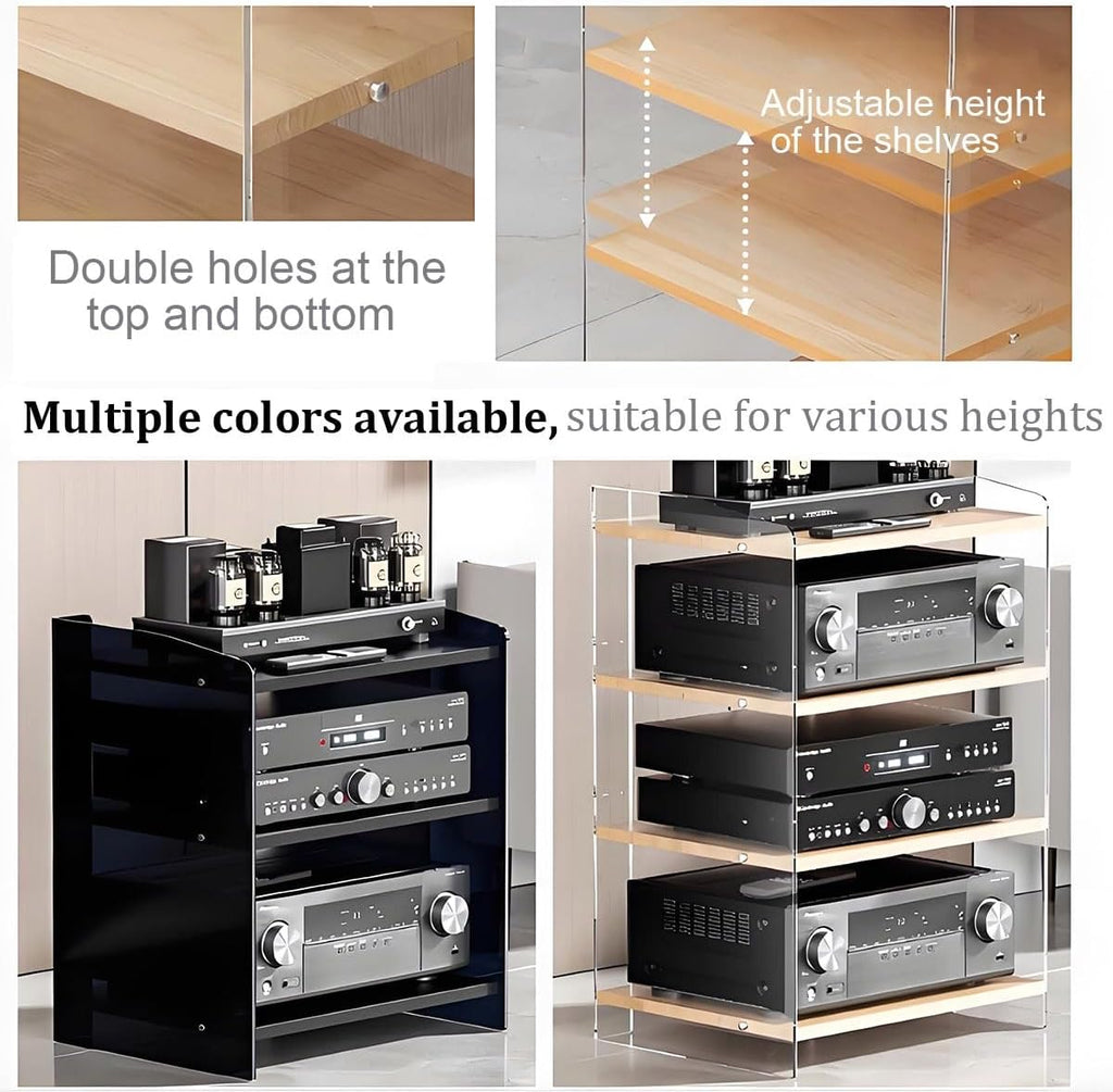 Modern Stereo Cabinet, Adjustable Media Storage Rack Tower for Record Players, DVD & Game Consoles, Stylish Audio Stand with Acrylic Baffle, Home Entertainment Furniture