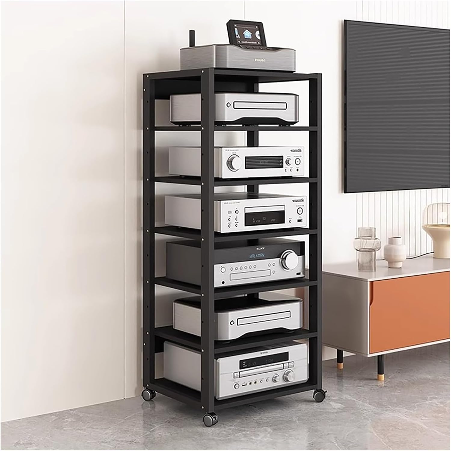 Modern Tall HiFi Racks Audio/Video Component Cabinet, 3/4/5/6/7 Tier Audio Component Rack Tower Media Stereo Stand Equipment Shelves with Wheels, for Home/Office(7 tier-131cm(51.6in))