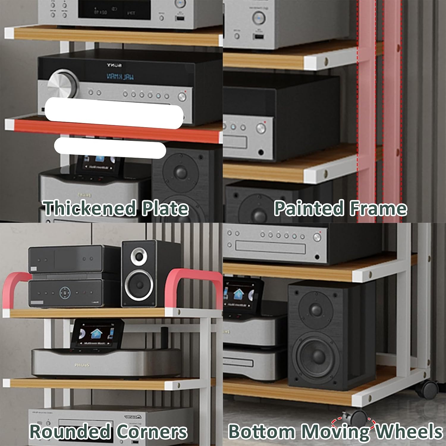 Stereo Stand Modern with Wheels Audio-Video Media Stand Design AV Media Stand Audio Rack Tower for Record Player Wooden Stereo Cabinet Audio Rack Tower for Living Gaming Recording Room(Deep black,50x4