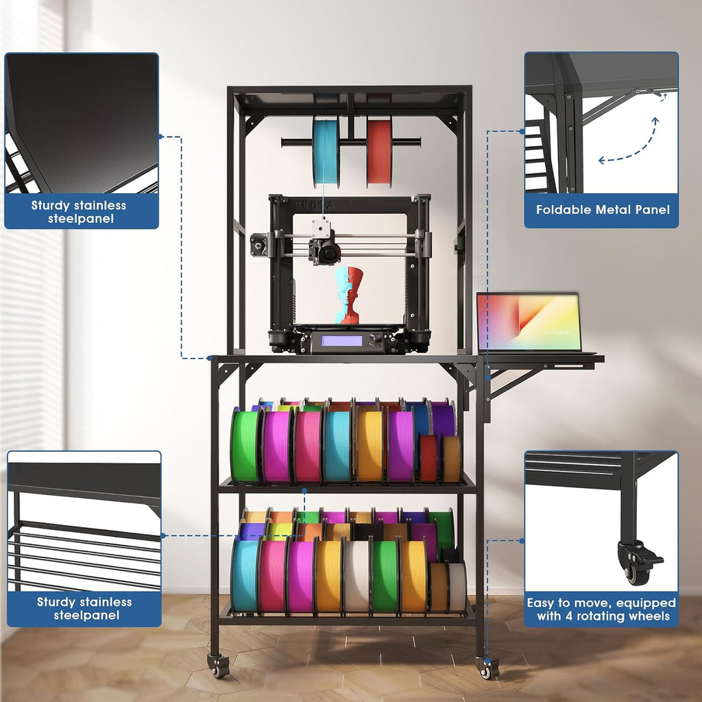 Havemies 3D Printer Stand, Heavy Duty 3D Printer Table Stand with Filament Storage Rack, T-Shaped Spools Holder Rack with Wheels,3D Printer Workbench for 3D Printing Studio, Home Office Workshop