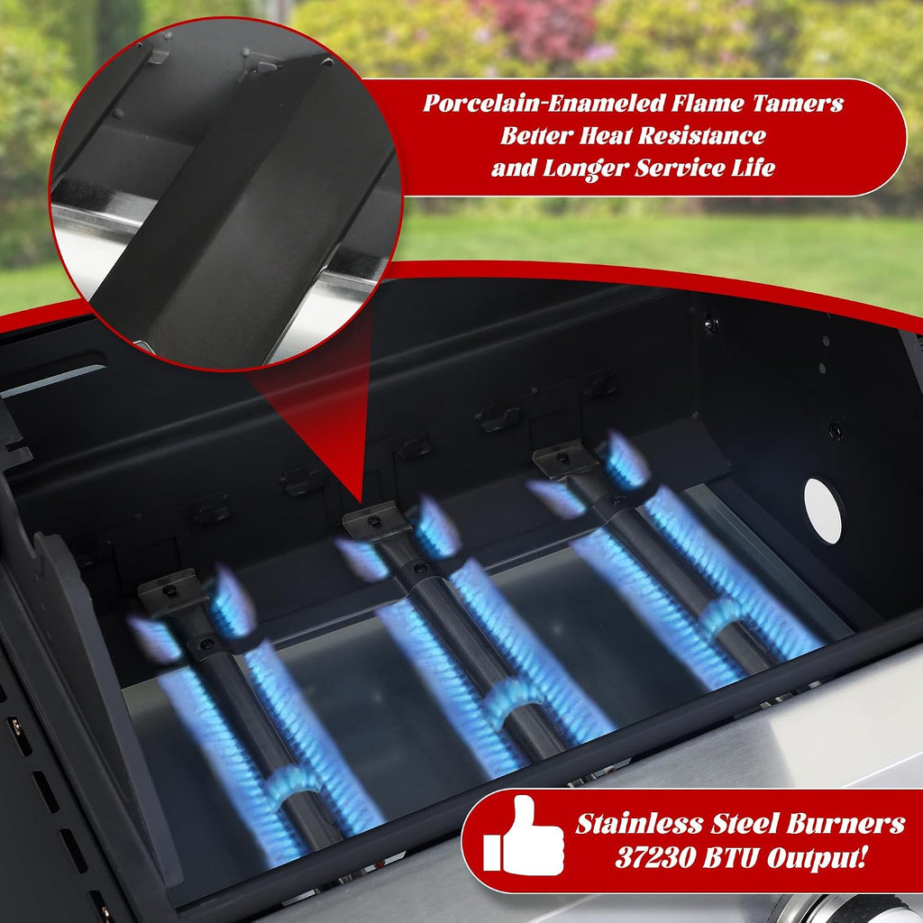3-Burner Propane Gas Grill with Side Burner, 37,000 BTU Outdoor BBQ Grill with Porcelain-Enameled Cast Iron Grates, Thermometer, Double Layer Lid Stainless Steel Grill for Outdoor Cooking, Patio BBQ
