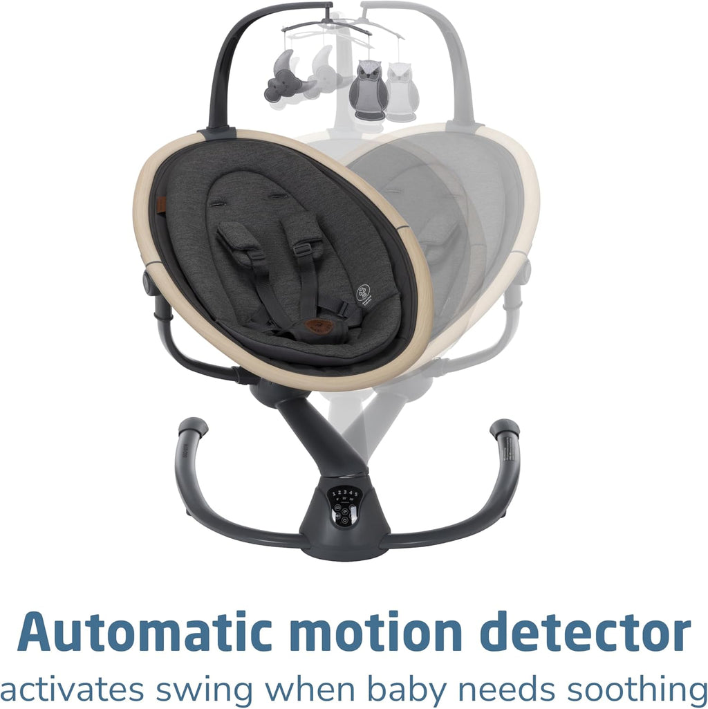 Maxi-Cosi Cassia Smart Baby Swing for Infants, Portable Foldable Swing with Music, 360 Rotation, 5 Speeds, 12 Melodies, EcoCare Fabric, Auto Motion Sensor, 2 Reclines, Classic Graphite