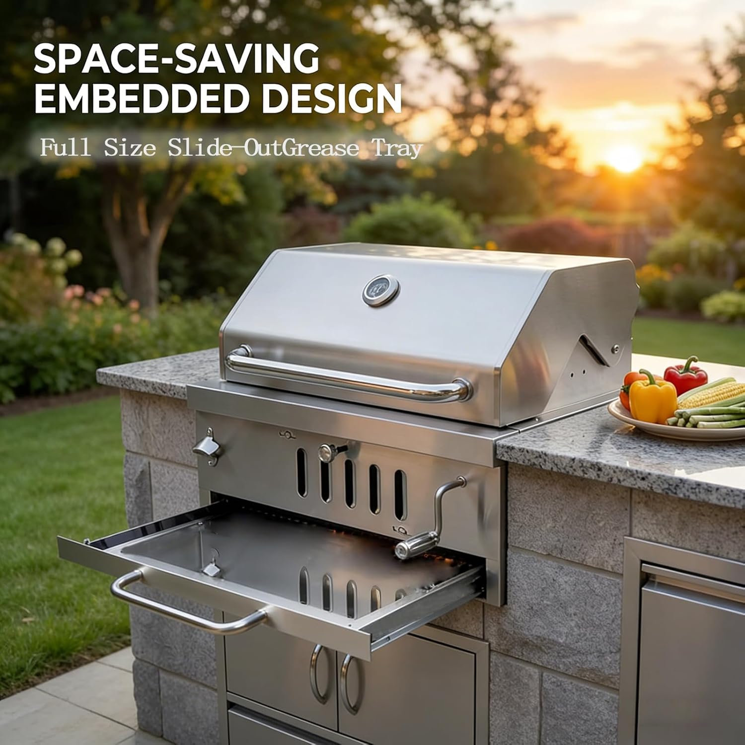 Large Charcoal BBQ Grills, Built in Barbecue Grill with Liftable Tray, Insulated Hood & Temp Gauge, Silver Stainless Steel BBQ Barrel Grill for Outdoor Kitchen Cooking Family Parties Patio Park Style
