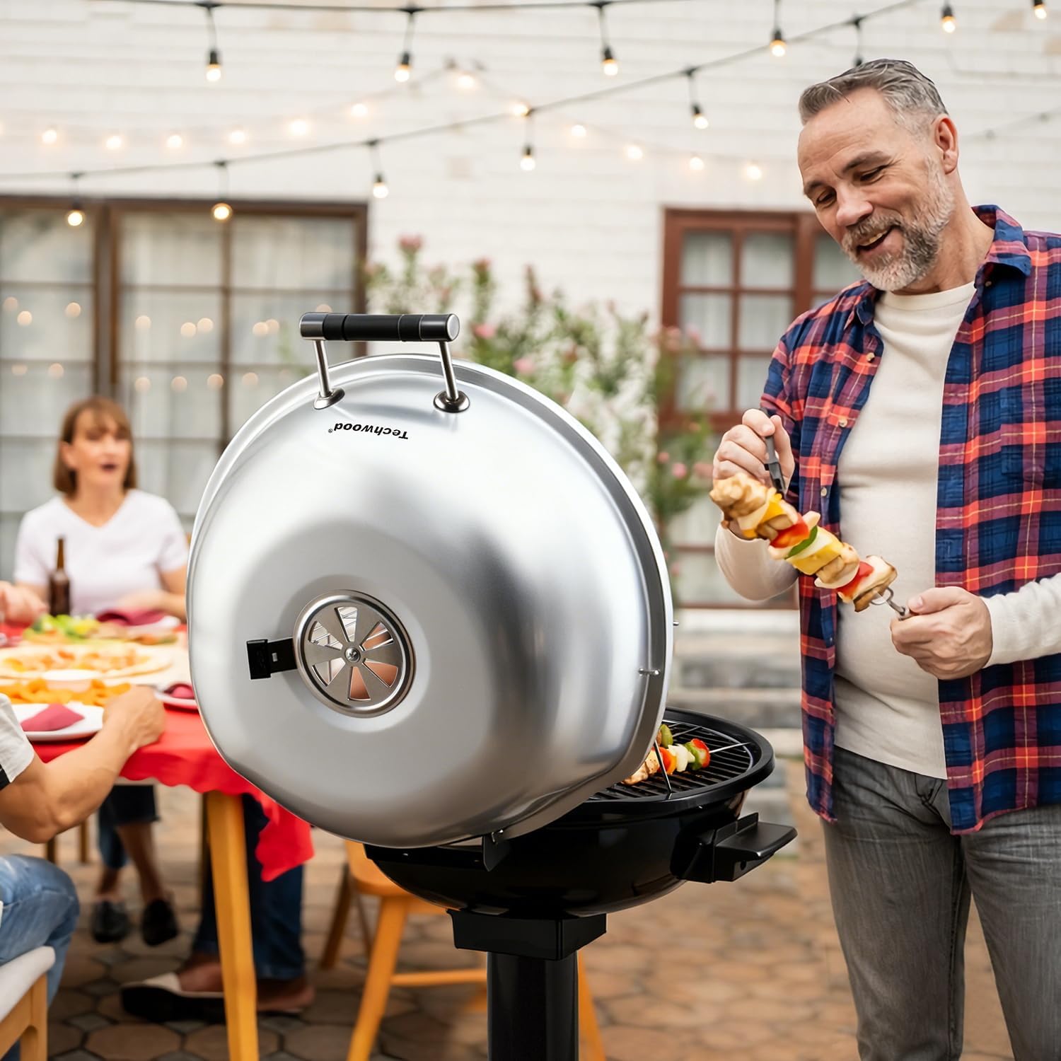 Electric Outdoor Grill Techwood 15-Serving Indoor/Outdoor Electric Grill for Indoor & Outdoor Use, Double Layer Design, Portable Removable Stand Grill, 1600W, Silver