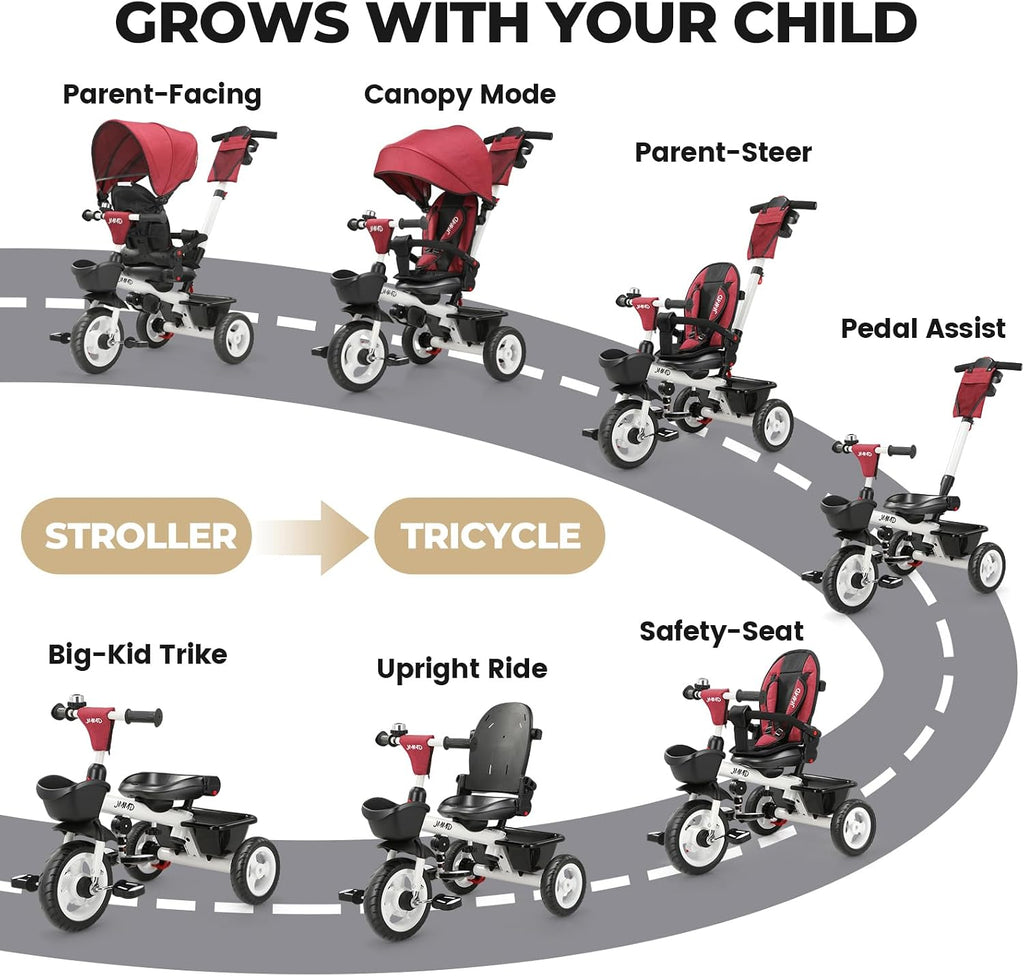 JMMD 7 in 1 Tricycle Stroller with Push Handle, Baby Trike with 360° Swivel Seat, Reclining Backrest, All-Terrain Wheels, Dual Brakes, Canopy & Storage, Gift for Kids 18 Months to 5 Years, Red