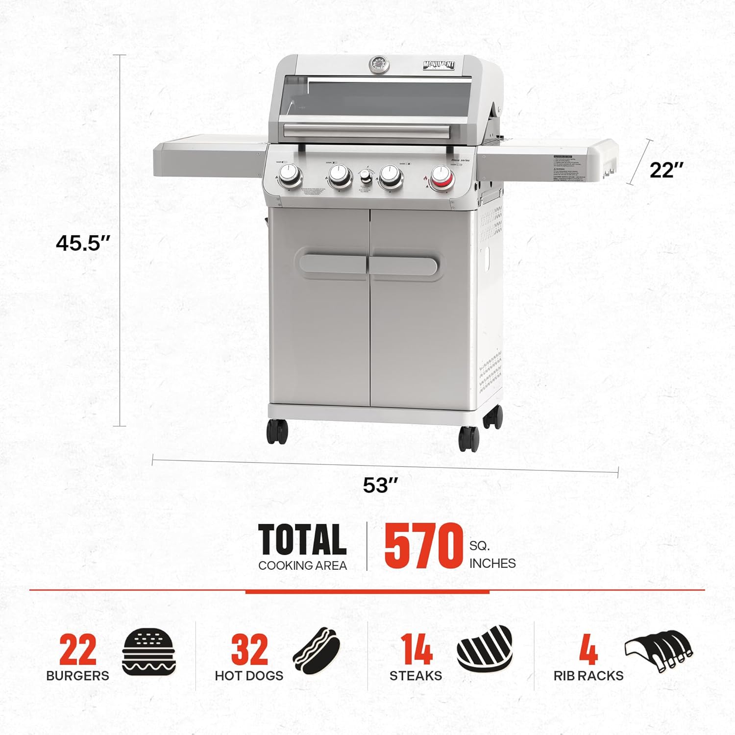 Monument Grills 4 Burner Propane Gas Grill, Stainless Steel Outdoor Patio Barbecue Grill, with Broil Zone Fast Heating, Knob Control, and Easy Cleanup, M410MBZ