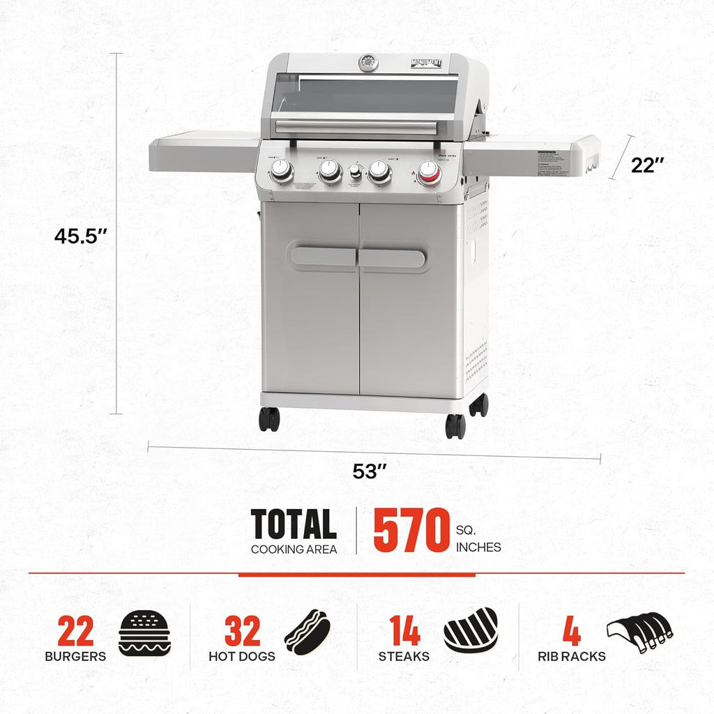 Monument Grills 4 Burner Propane Gas Grill, Stainless Steel Outdoor Patio Barbecue Grill with Cover, with Broil Zone Fast Heating, Knob Control, and Easy Cleanup, M410MBZ