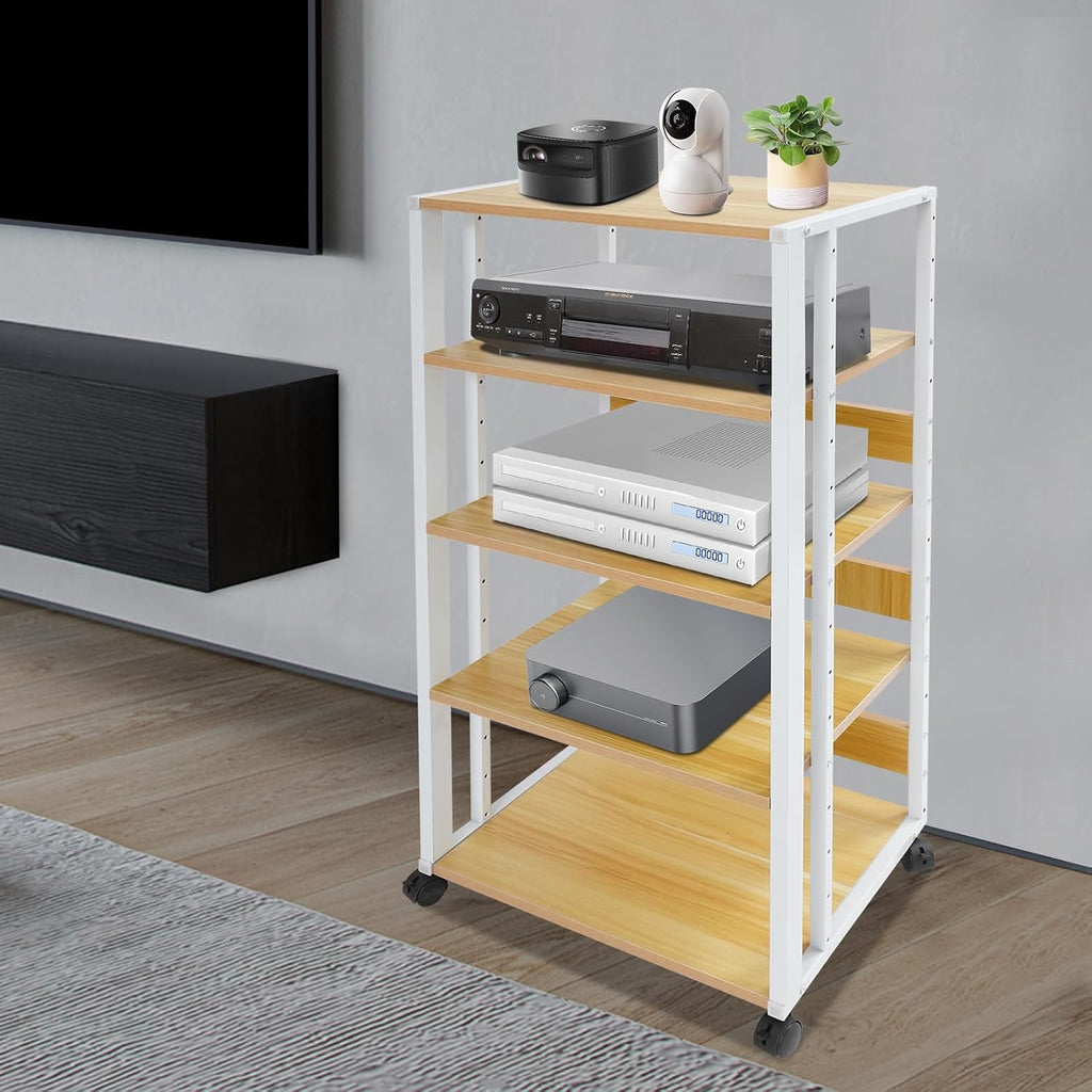 5-Tier Media Stand, Audio Rack Tower Stereo Cabinet with Wheels, CD Record Player Stand Speaker Display Rack with Adjustable Wooden Shelf for Home Theater Studio (White & Wood Color)