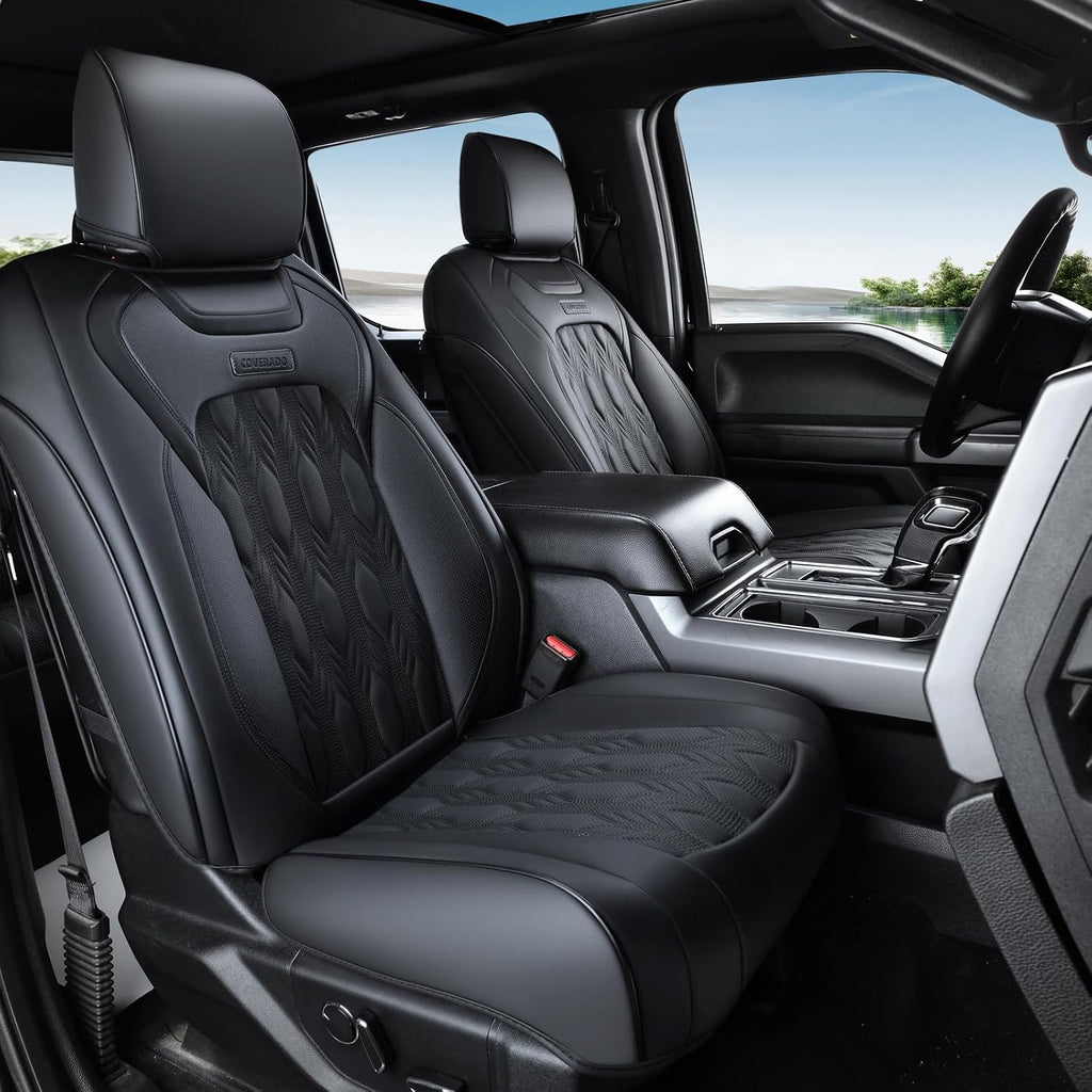 Coverado Front Leather Seat Covers for Ford F150 2015-2026, F250 F350 F450 2017-2026, Car SUV Pickup Truck Seat Protection, Black