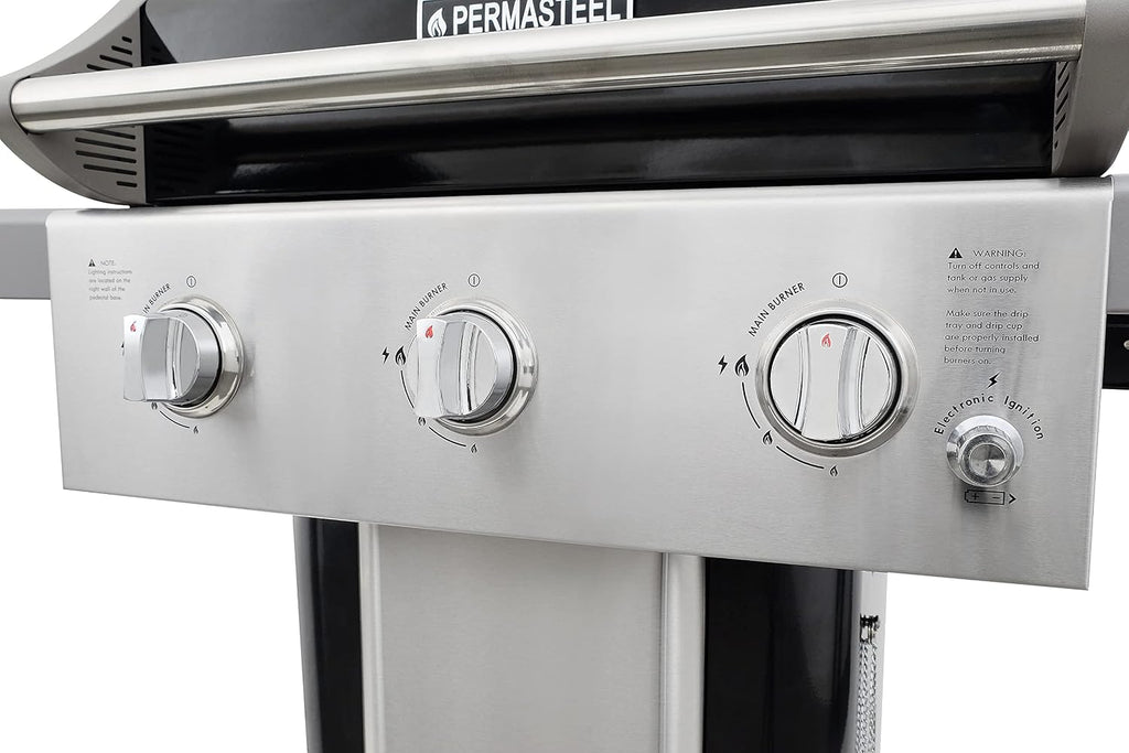 Permasteel 3-Burner Propane Gas Grill, 30,000 BTUs BBQ Grill with Cast Iron Grates, Foldable Side Tables & Tool Hooks, Outdoor Grill, Black