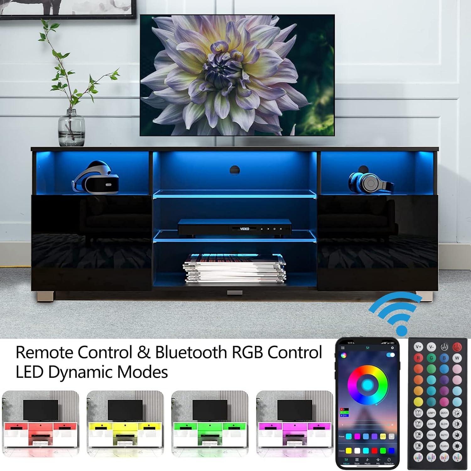 High Glossy LED Black TV Stand for 55/60/65 inch TV,Modern LED Entertainment Center with Adjustable Storage Shelves,Game Console Entertainment Center,TV Table Media Furniture (47inch, Black)