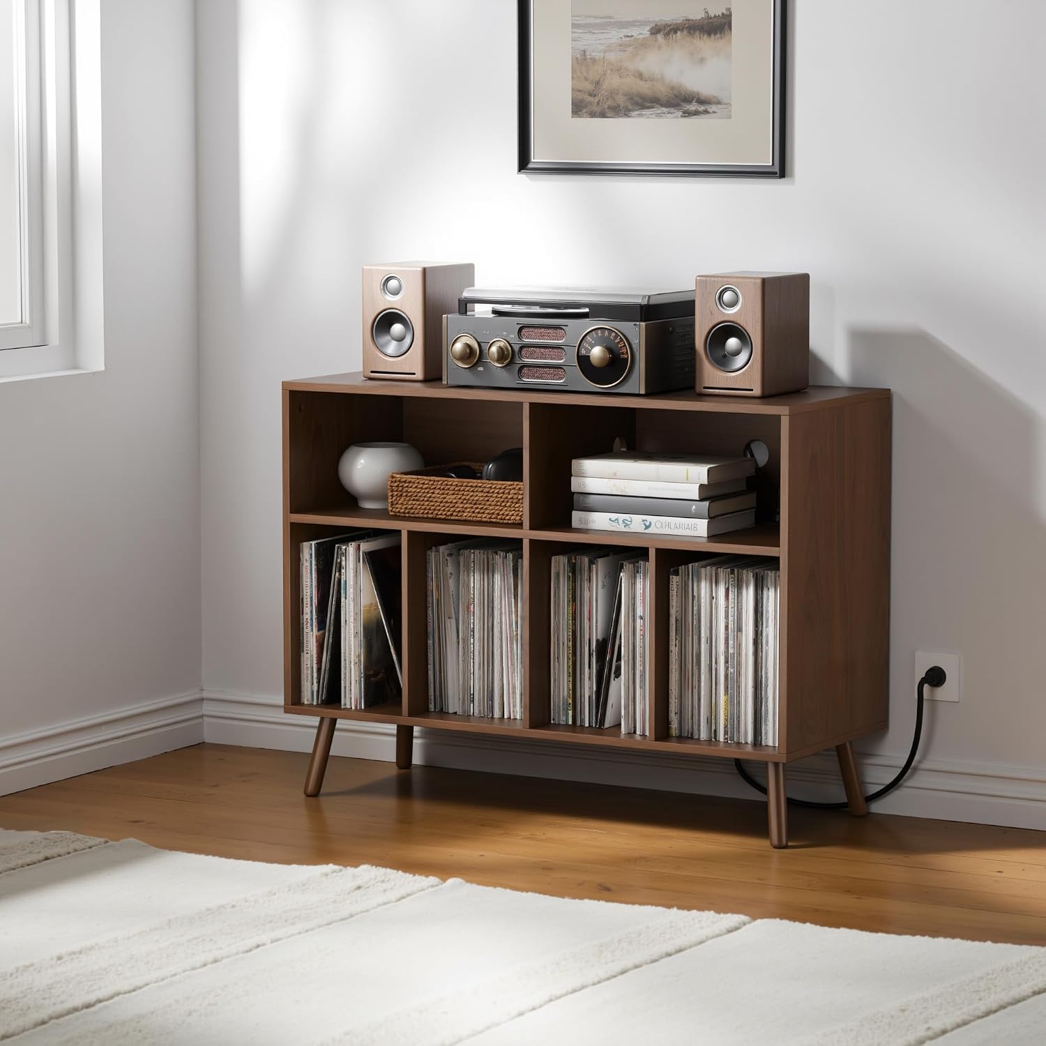 Cozy Castle Record Player Stand with Vinyl Storage Cabinet, Wood Turntable Table Open Shelf Holder Up to 350 Albums Cube Storage Organizer for Living Room, Office, Brown
