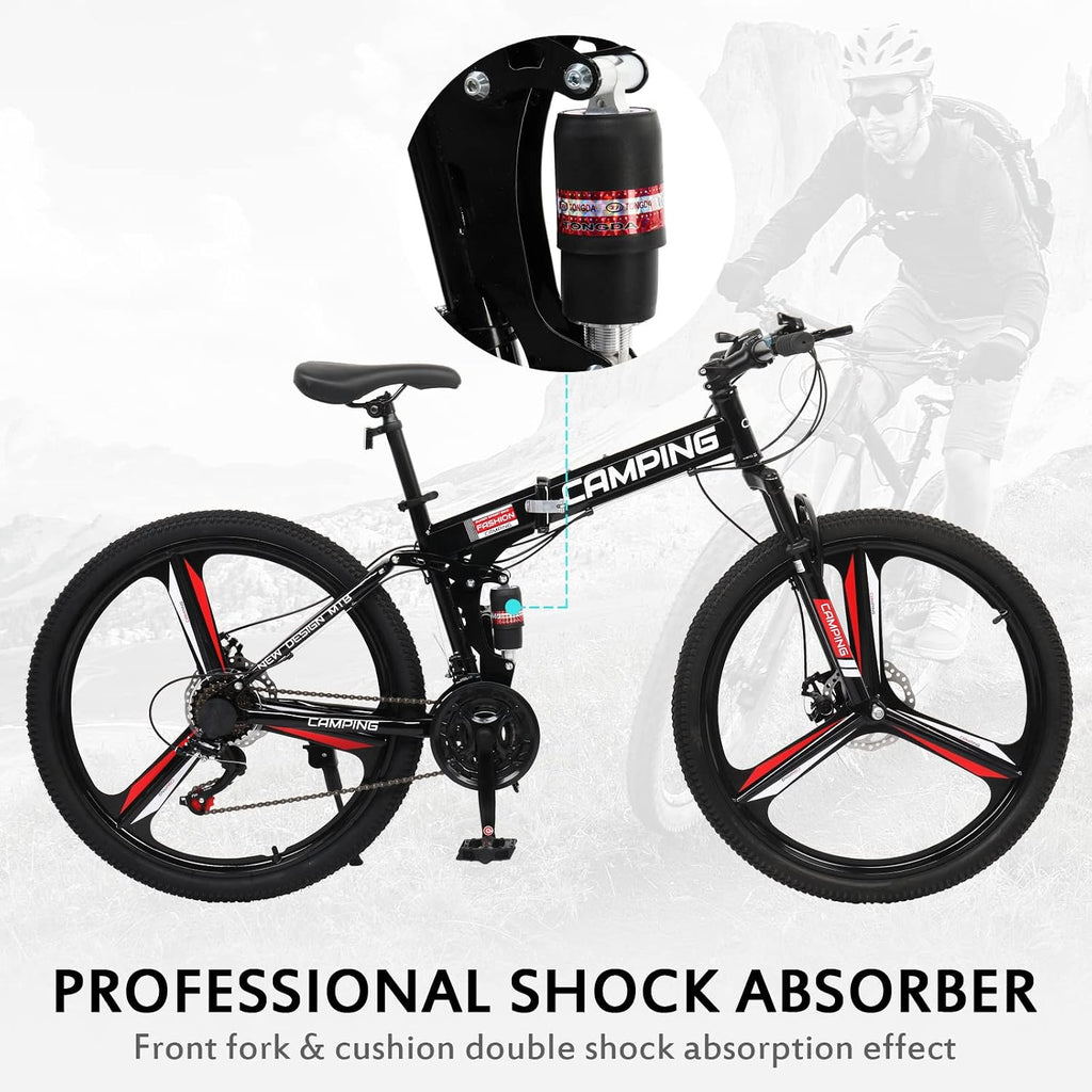 Ktaxon 26 Inch Folding Bike, 21 Speeds Foldable Bikes for Adults, Bicycle for Men & Women with Full-Suspension, Unique 3 Spoke Alloy Wheel, Dual Disc Brake, Quick Release and Adjustable Saddle