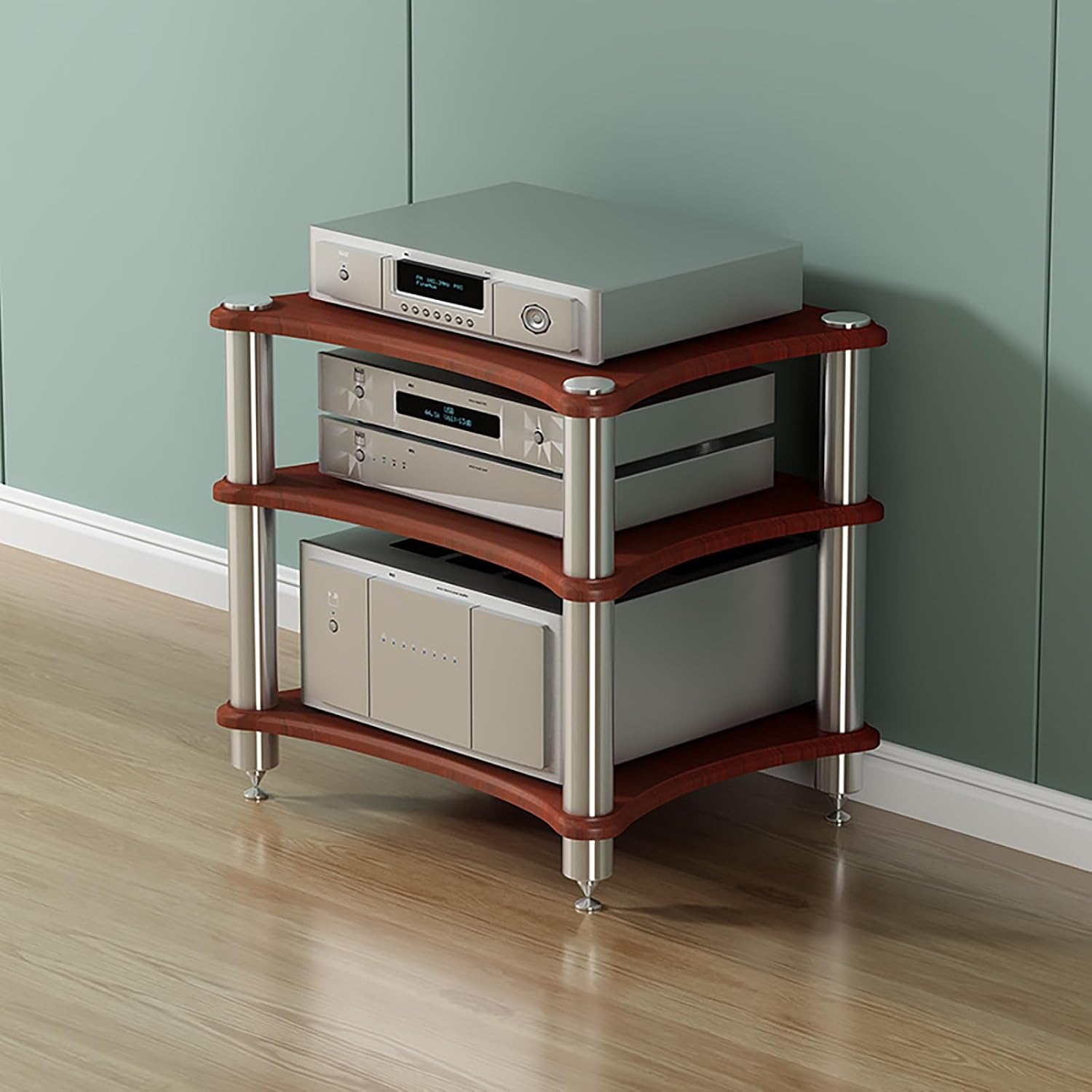 2/3/4 Tier AV Media Stand, Wooden Stereo Cabinet, Modern HiFi Audio Rack Tower, CD Player Stand, Corner Shelf Furniture for Audio Equipment (Red, 60 * 40 cm)