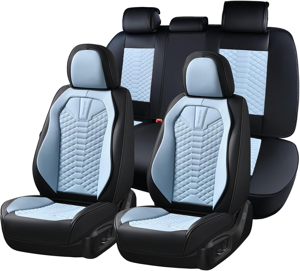 Coverado Leather Seat Covers, Car Seat Covers Full Set, Waterproof Nappa Leather Car Seat Cover, Car Seat Protectors 5 Seats, Black & Blue Automotive Seat Covers Fit for Most Cars Trucks